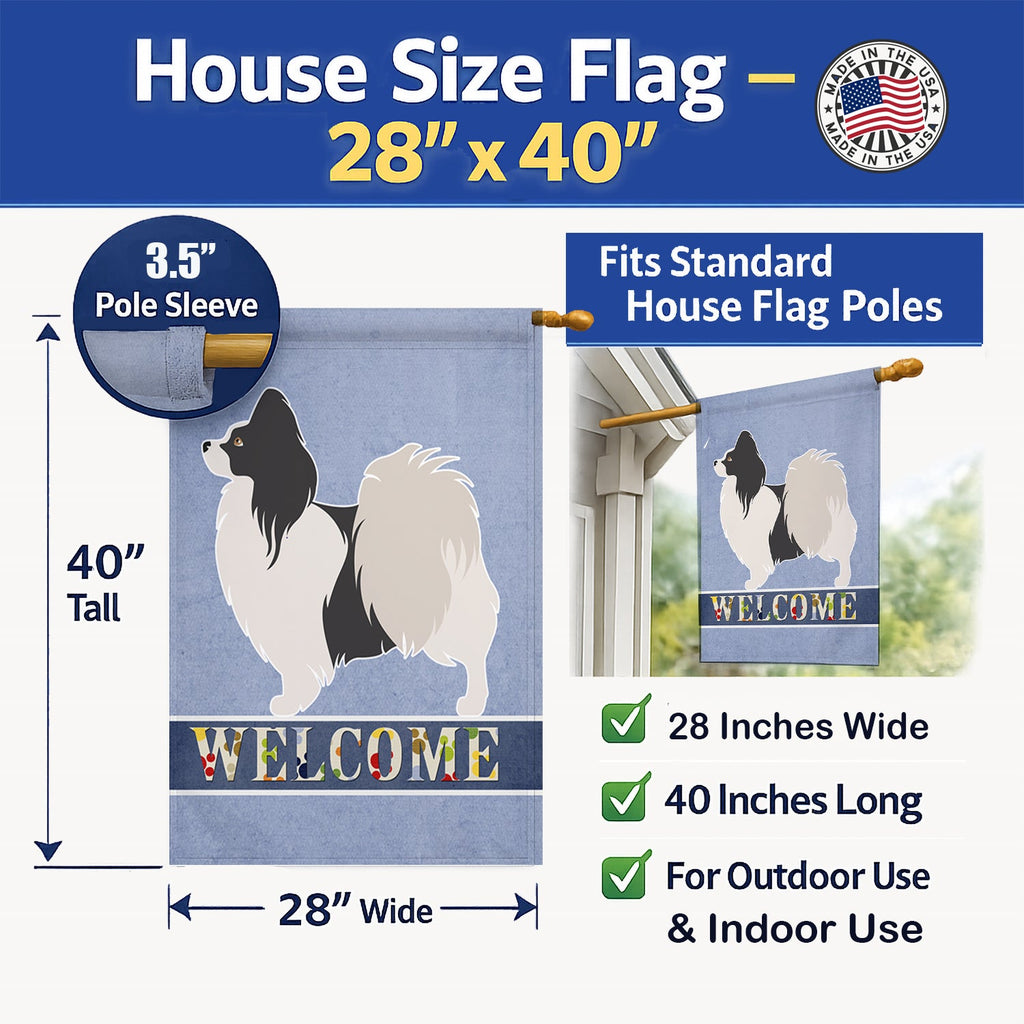 Papillon Welcome House Flag 28x40 Porch Sleeve Pole Decorative Outside Yard Banner Artwork Wall Hanging, Polyester
