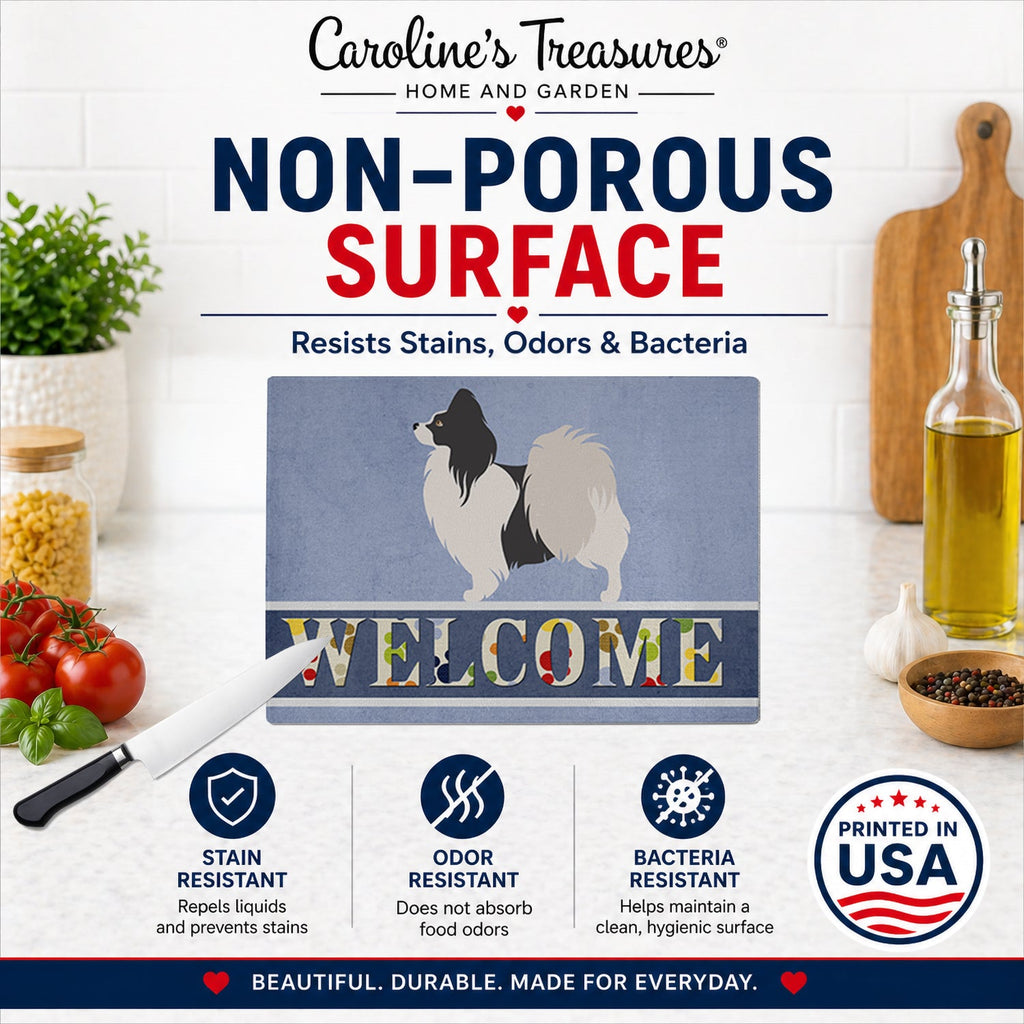 Papillon Welcome Cutting Board Tempered Glass Kitchen Cutting Surface, Heat Resistant Chopping, Non-Slip Feet, Food Prep & Serving