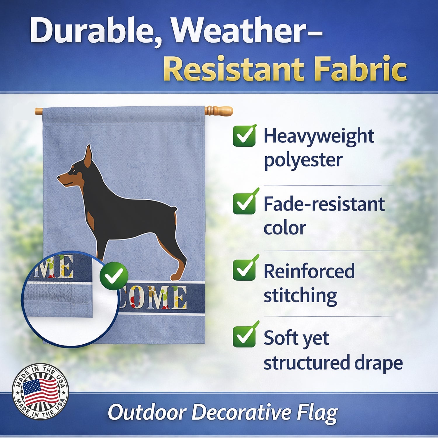 Miniature Pinscher Welcome House Flag 28x40 Porch Sleeve Pole Decorative Outside Yard Banner Artwork Wall Hanging, Polyester