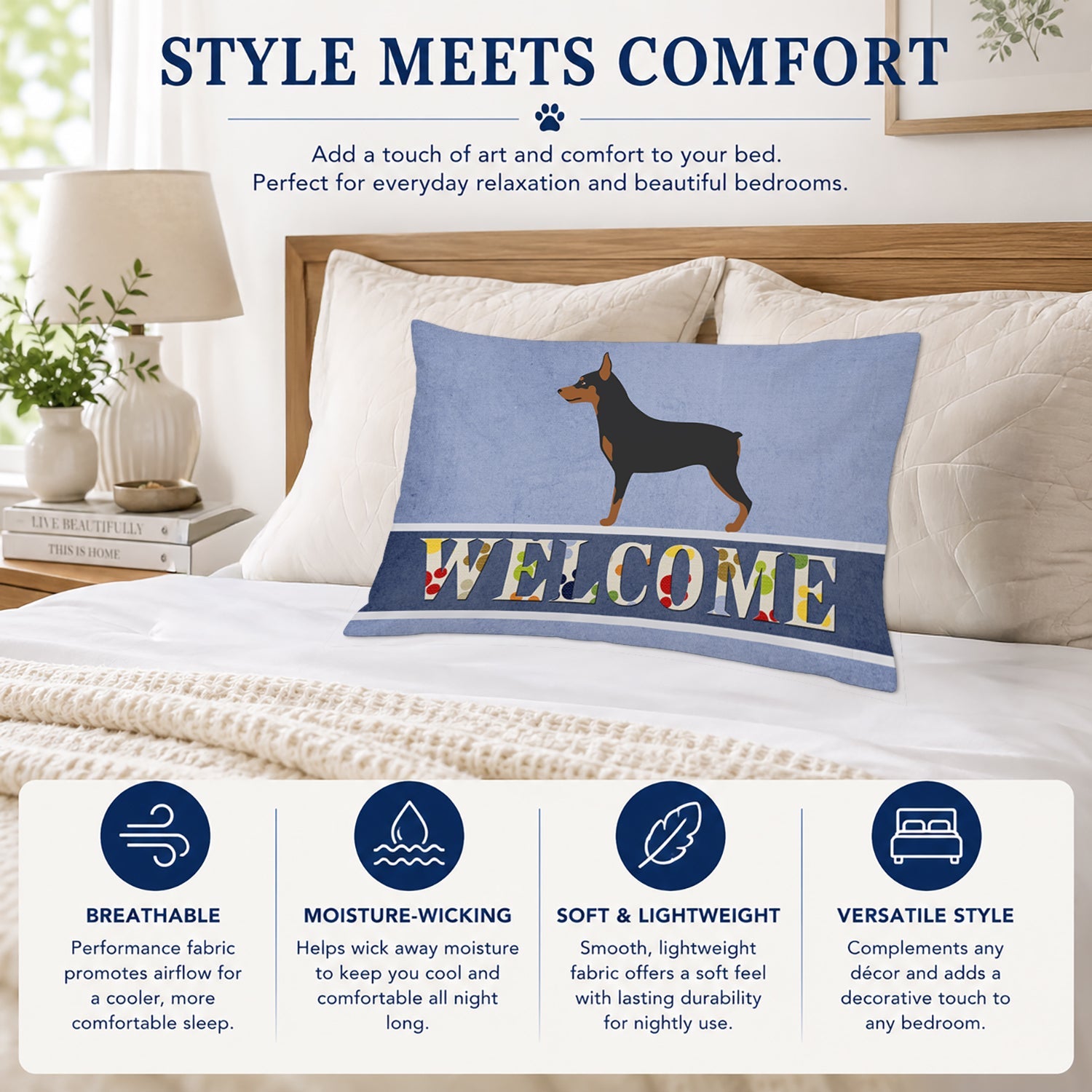 Miniature Pinscher Welcome Standard Pillowcase Lightweight Super Soft Easy Care Decorative Artwork Pillowcase, Standard