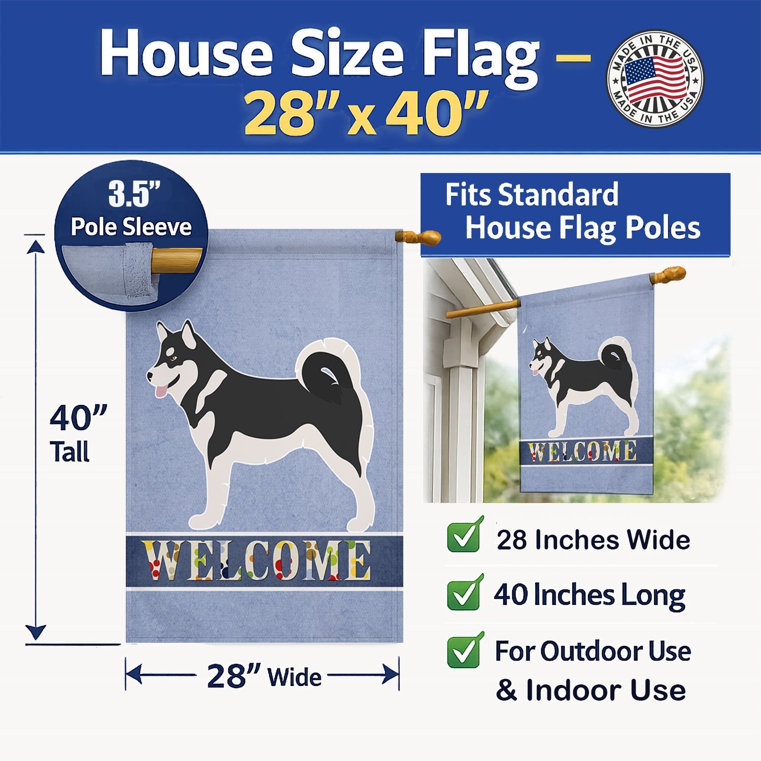 Alaskan Malamute Welcome House Flag 28x40 Porch Sleeve Pole Decorative Outside Yard Banner Artwork Wall Hanging, Polyester