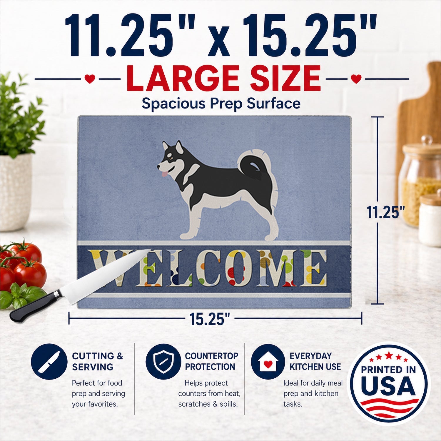 Alaskan Malamute Welcome Cutting Board Tempered Glass Kitchen Cutting Surface, Heat Resistant Chopping, Non-Slip Feet, Food Prep & Serving