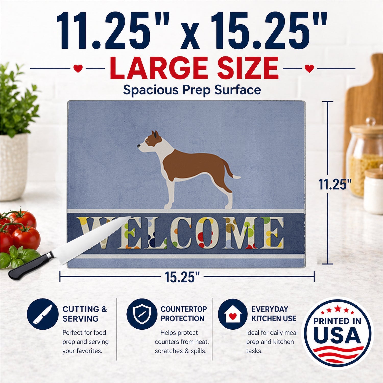 Pit Bull Terrier Welcome Cutting Board Tempered Glass Kitchen Cutting Surface, Heat Resistant Chopping, Non-Slip Feet, Food Prep & Serving