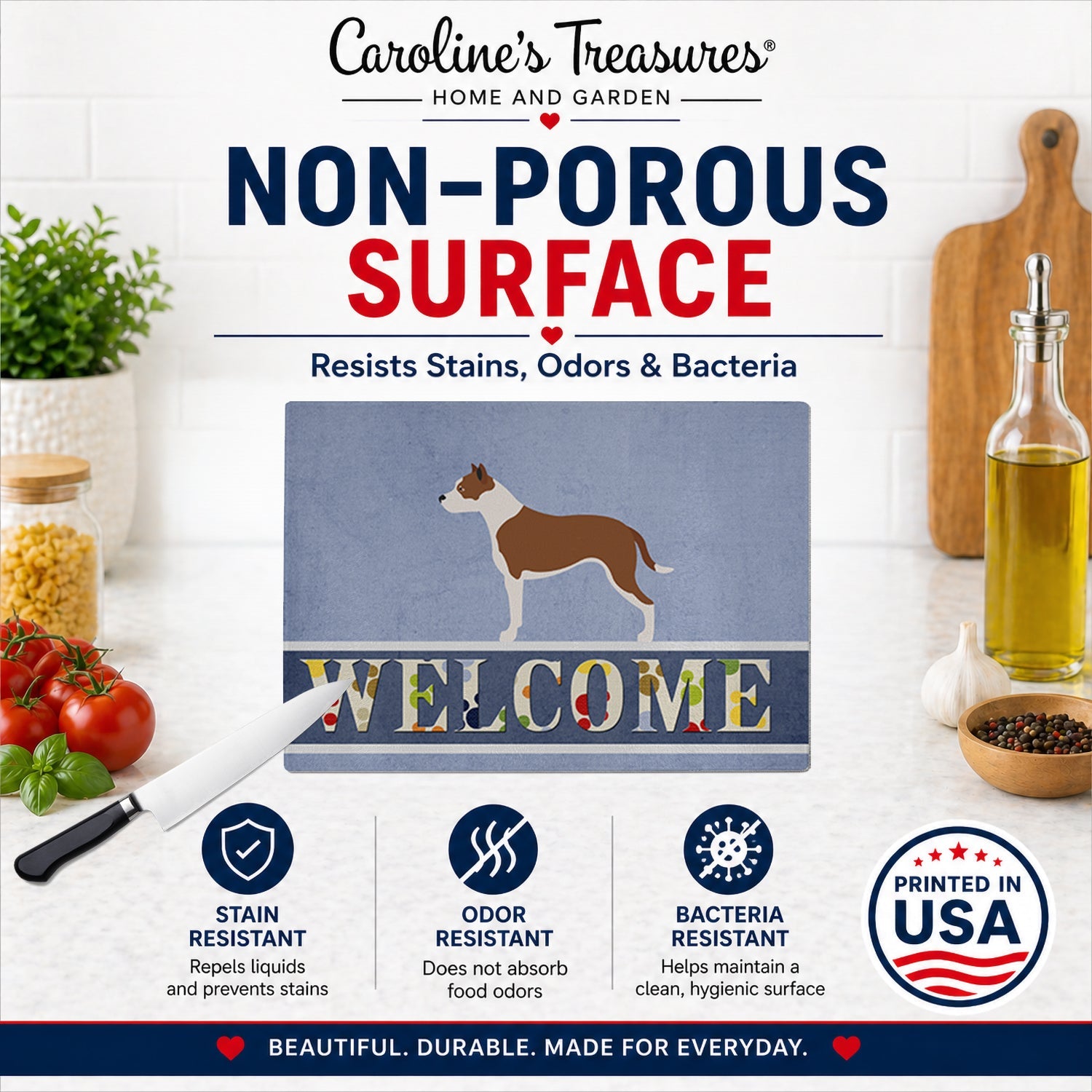 Pit Bull Terrier Welcome Cutting Board Tempered Glass Kitchen Cutting Surface, Heat Resistant Chopping, Non-Slip Feet, Food Prep & Serving