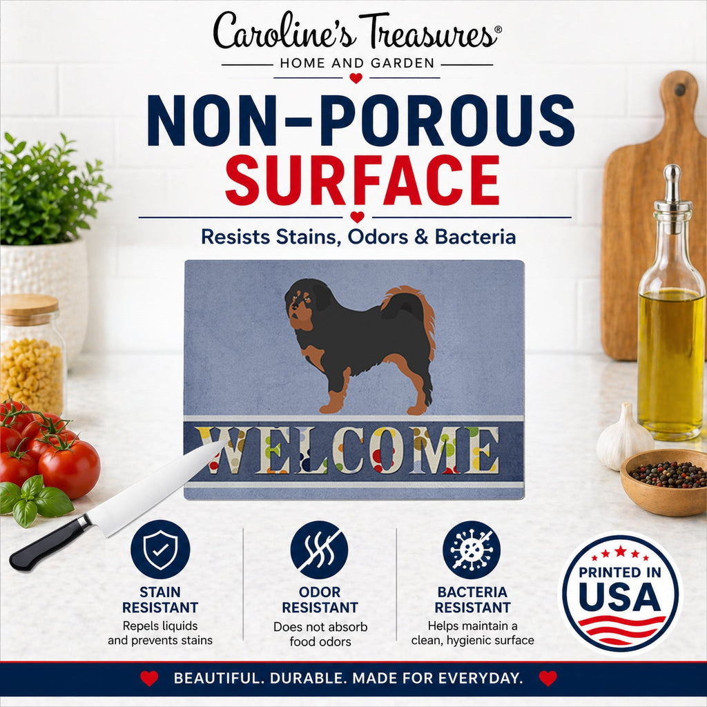 Tibetan Mastiff Welcome Cutting Board Tempered Glass Kitchen Cutting Surface, Heat Resistant Chopping, Non-Slip Feet, Food Prep & Serving