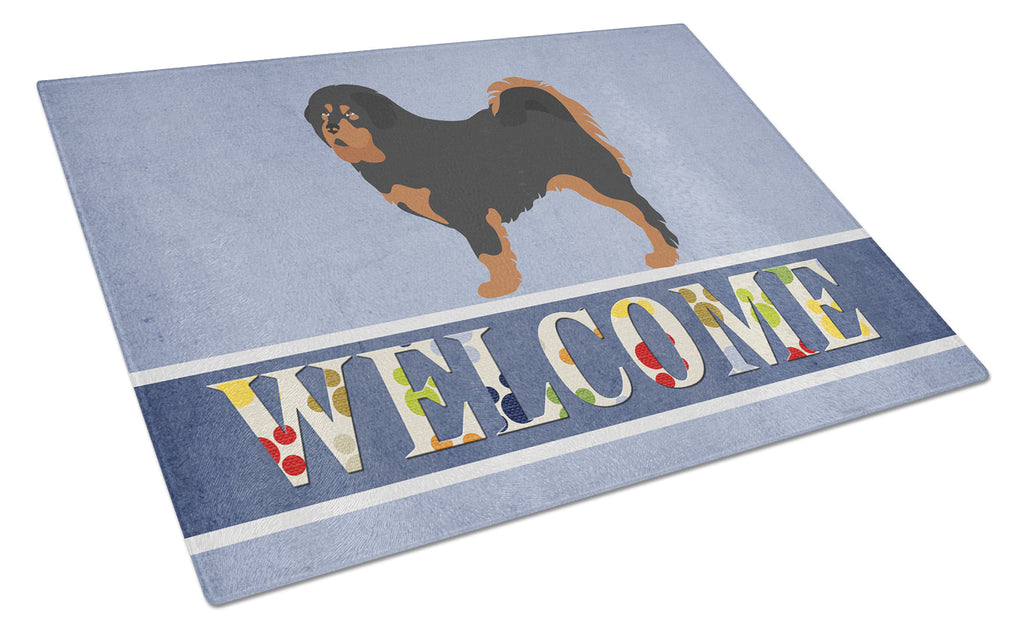 Tibetan Mastiff Welcome Cutting Board Tempered Glass Kitchen Cutting Surface, Heat Resistant Chopping, Non-Slip Feet, Food Prep & Serving