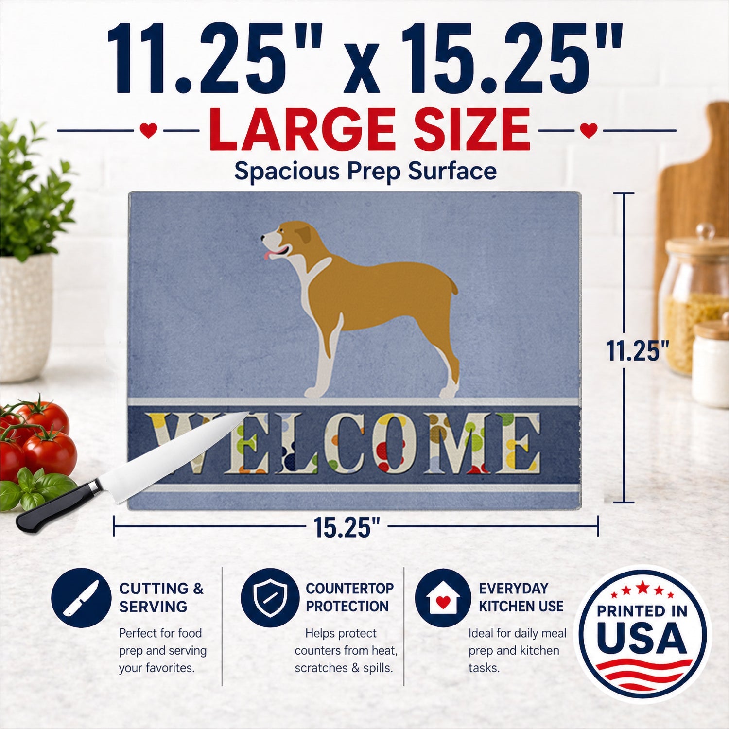 Belgium Mastiff Welcome Cutting Board Tempered Glass Kitchen Cutting Surface, Heat Resistant Chopping, Non-Slip Feet, Food Prep & Serving
