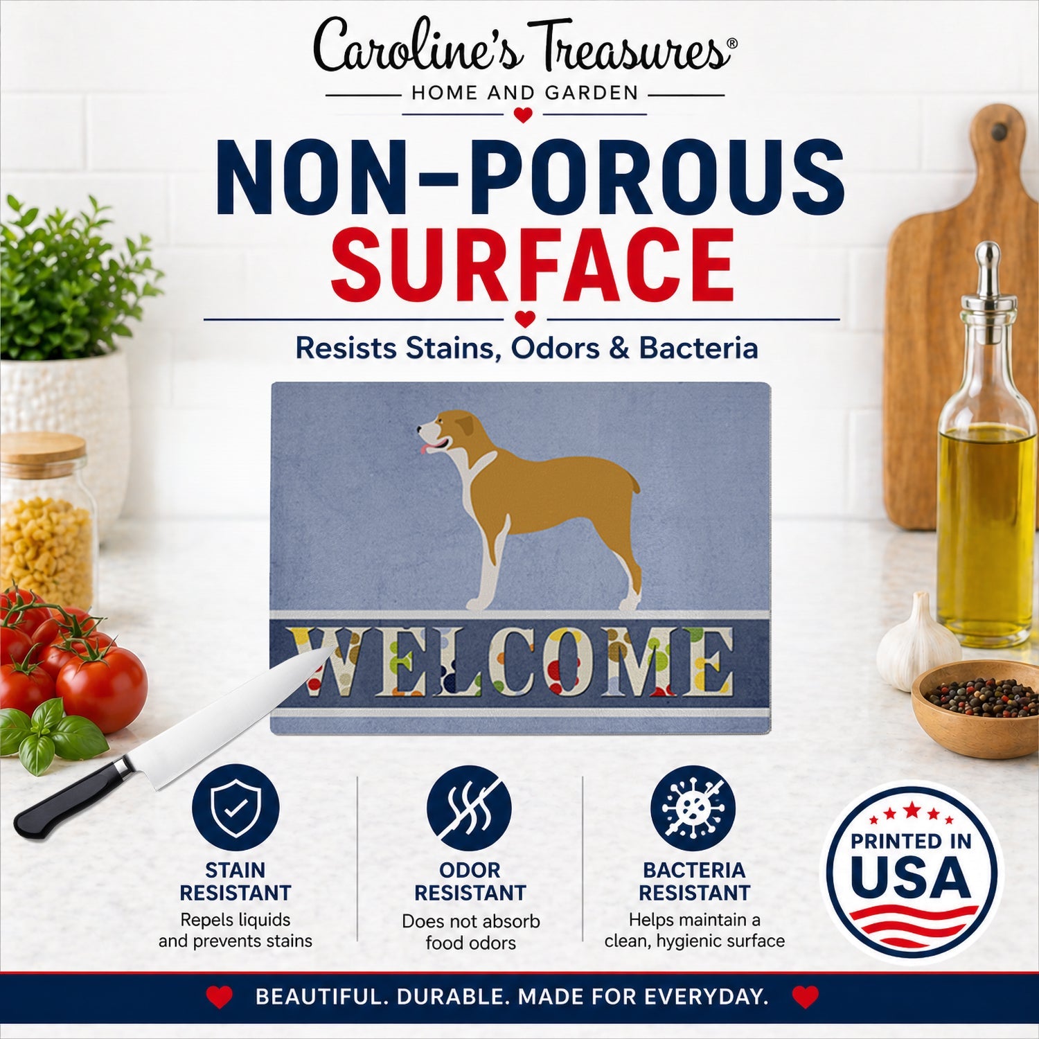 Belgium Mastiff Welcome Cutting Board Tempered Glass Kitchen Cutting Surface, Heat Resistant Chopping, Non-Slip Feet, Food Prep & Serving