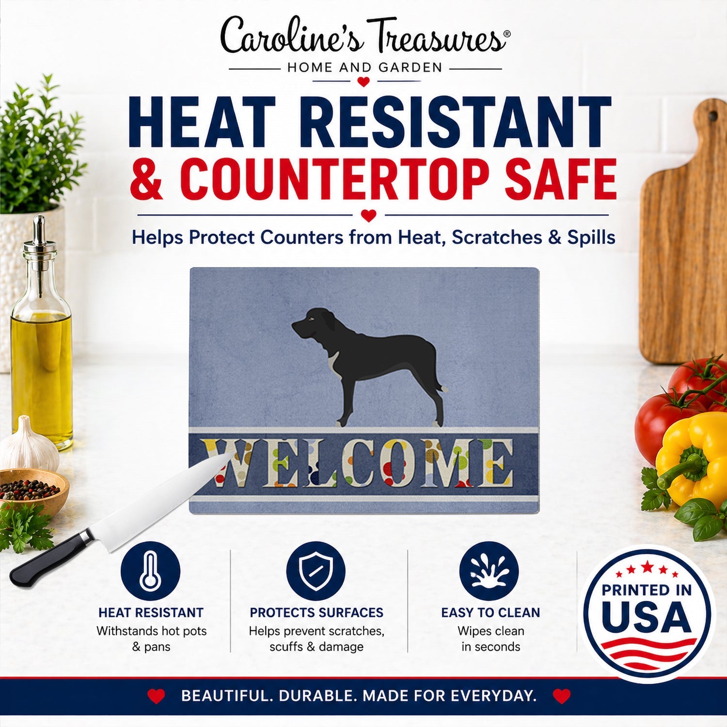 Broholmer Danish Mastiff Cutting Board Tempered Glass Kitchen Cutting Surface, Heat Resistant Chopping, Non-Slip Feet, Food Prep & Serving