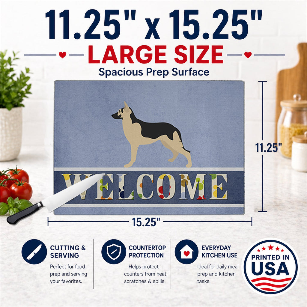 German Shepherd Welcome Cutting Board Tempered Glass Kitchen Cutting Surface, Heat Resistant Chopping, Non-Slip Feet, Food Prep & Serving