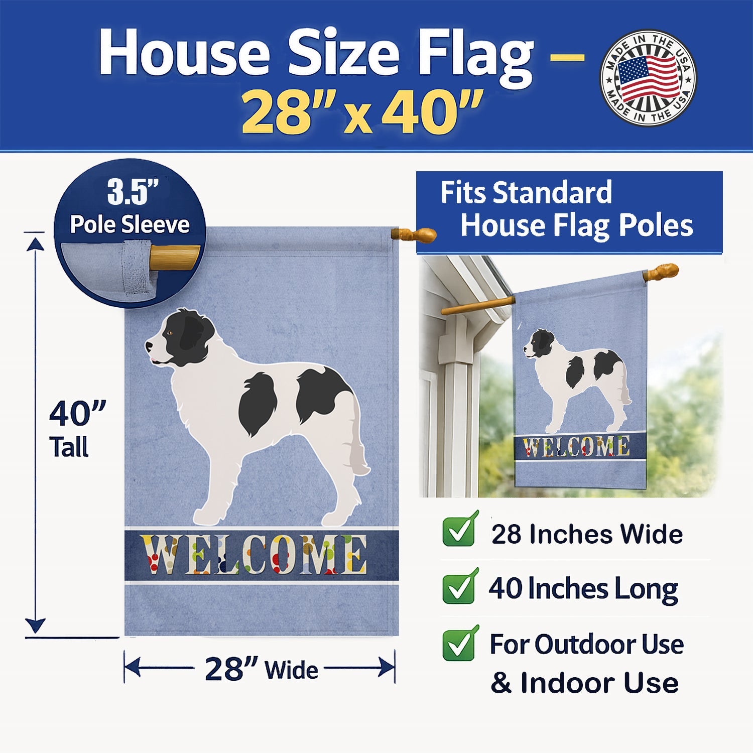Landseer Welcome House Flag 28x40 Porch Sleeve Pole Decorative Outside Yard Banner Artwork Wall Hanging, Polyester