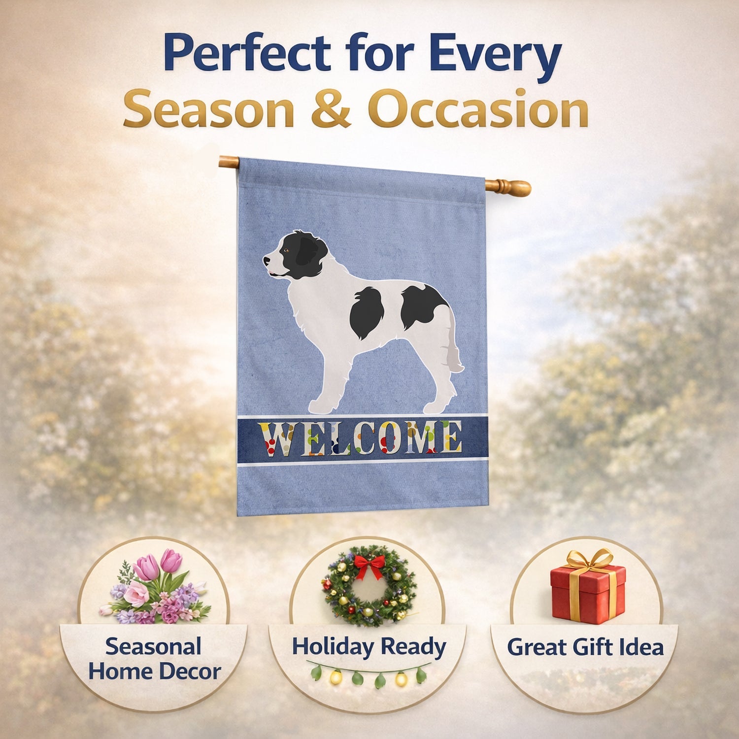 Landseer Welcome House Flag 28x40 Porch Sleeve Pole Decorative Outside Yard Banner Artwork Wall Hanging, Polyester