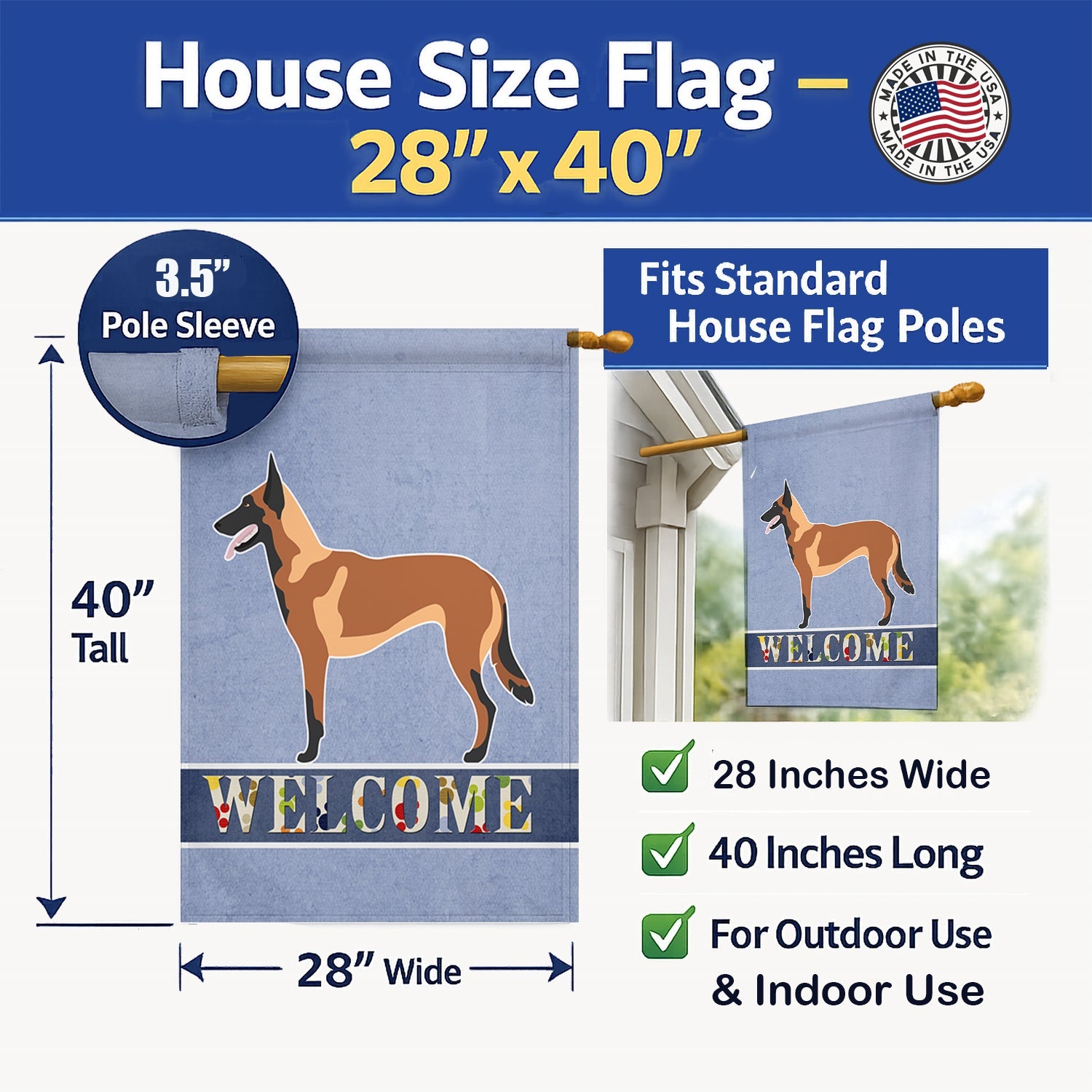 Malinois Belgian Shepherd  House Flag 28x40 Porch Sleeve Pole Decorative Outside Yard Banner Artwork Wall Hanging, Polyester
