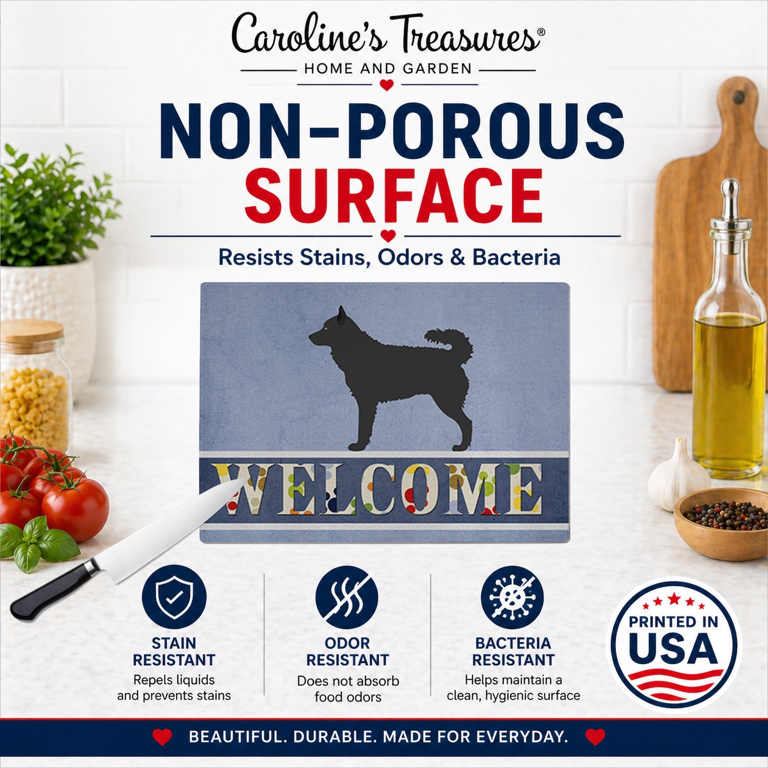 Mudi Welcome Cutting Board Tempered Glass Kitchen Cutting Surface, Heat Resistant Chopping, Non-Slip Feet, Food Prep & Serving