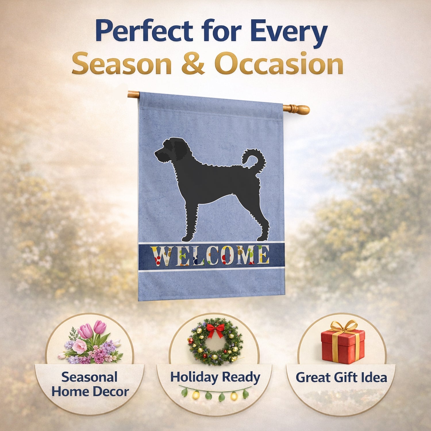 Labradoodle Welcome House Flag 28x40 Porch Sleeve Pole Decorative Outside Yard Banner Artwork Wall Hanging, Polyester