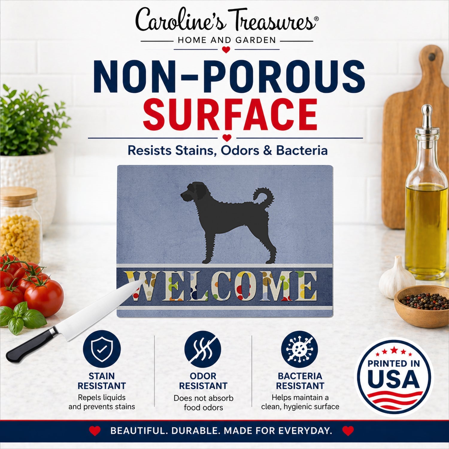 Labradoodle Welcome Cutting Board Tempered Glass Kitchen Cutting Surface, Heat Resistant Chopping, Non-Slip Feet, Food Prep & Serving