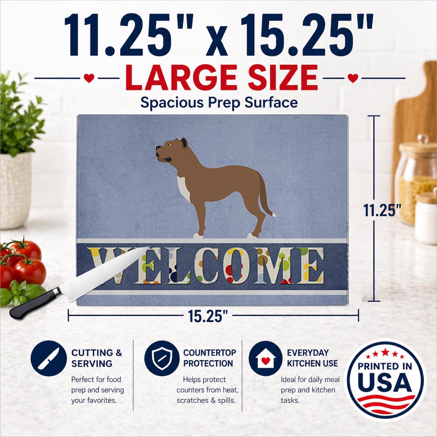 Perro de Presa Canario Cutting Board Tempered Glass Kitchen Cutting Surface, Heat Resistant Chopping, Non-Slip Feet, Food Prep & Serving