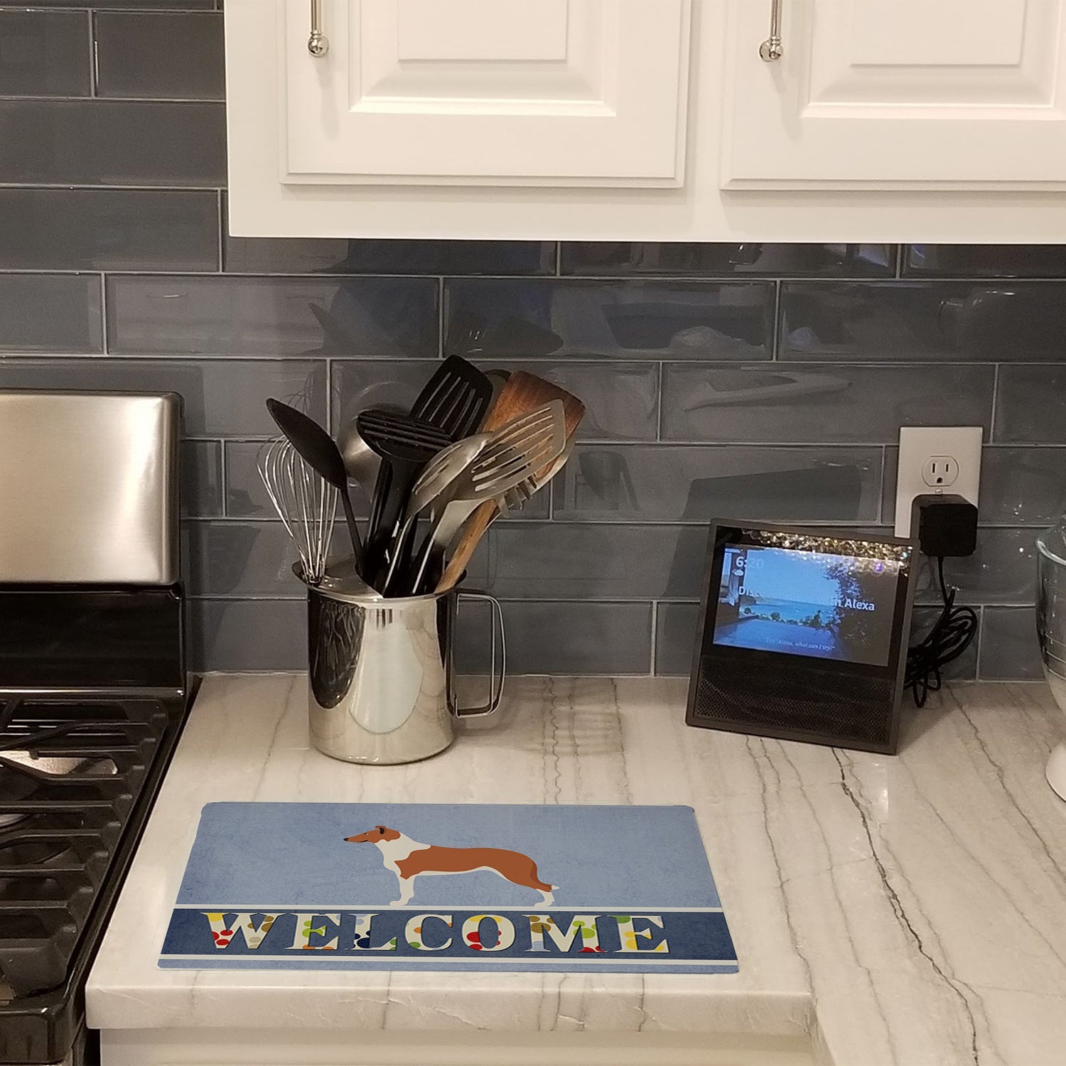 Smooth Collie Welcome Cutting Board Tempered Glass Kitchen Cutting Surface, Heat Resistant Chopping, Non-Slip Feet, Food Prep & Serving