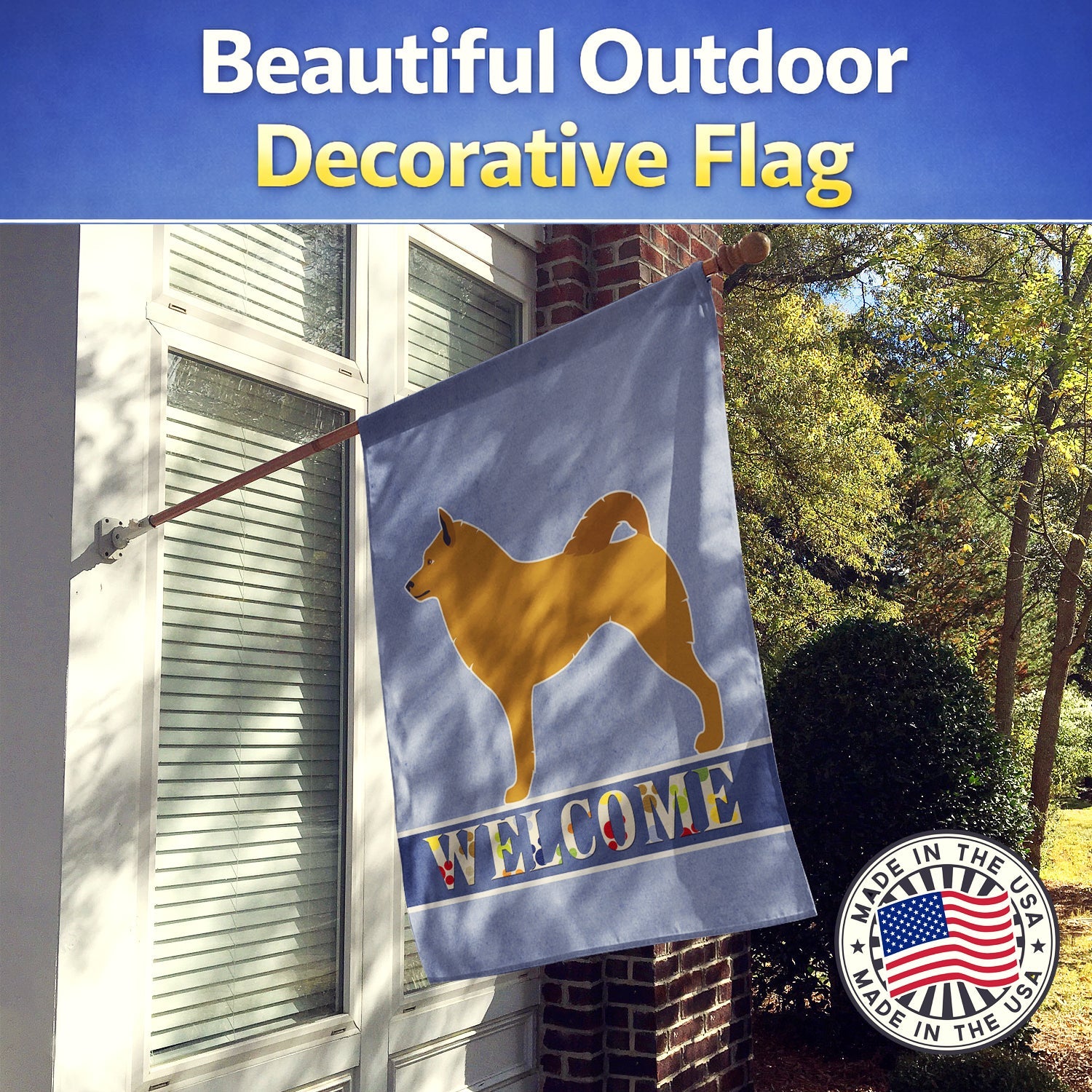 Finnish Spitz Welcome House Flag 28x40 Porch Sleeve Pole Decorative Outside Yard Banner Artwork Wall Hanging, Polyester