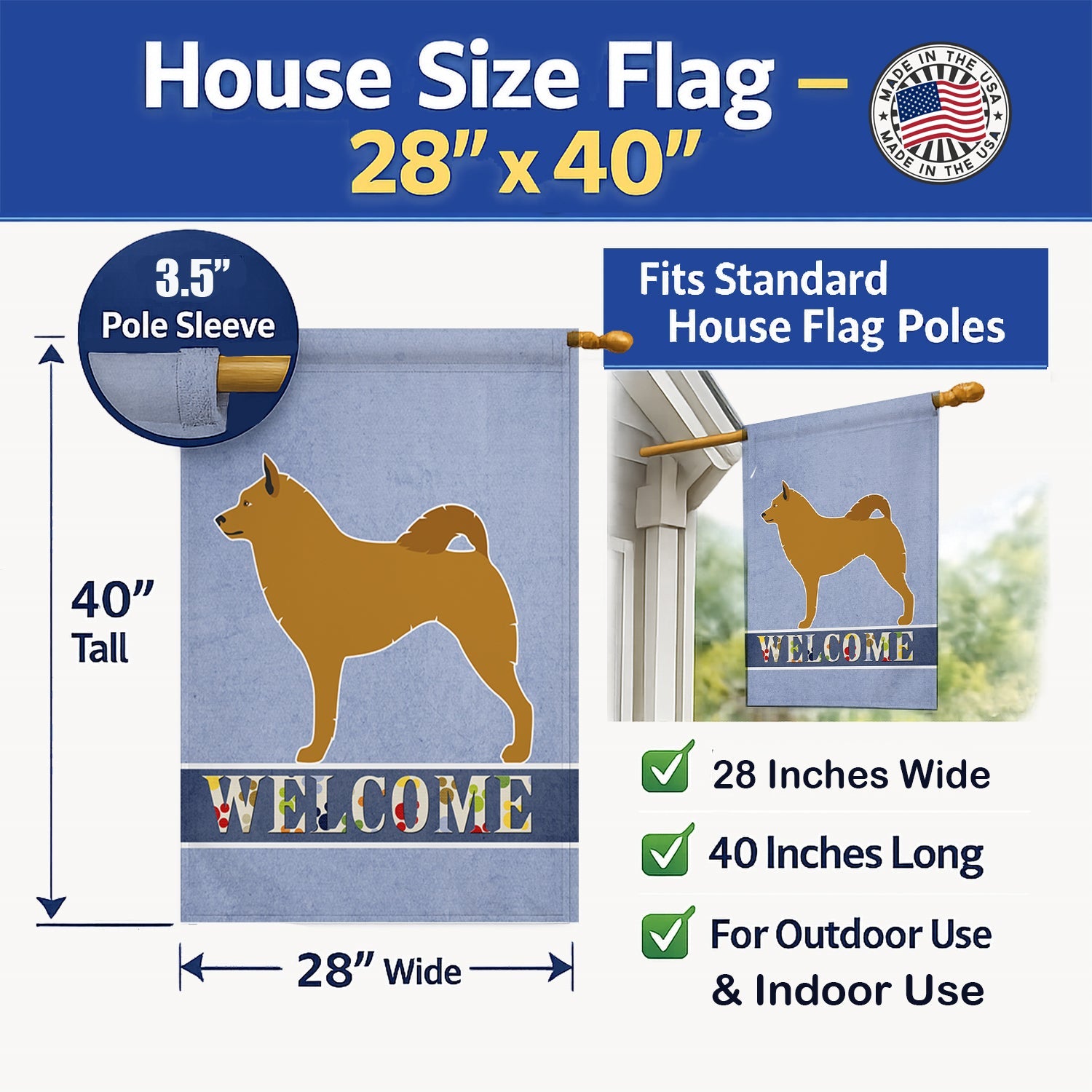 Finnish Spitz Welcome House Flag 28x40 Porch Sleeve Pole Decorative Outside Yard Banner Artwork Wall Hanging, Polyester