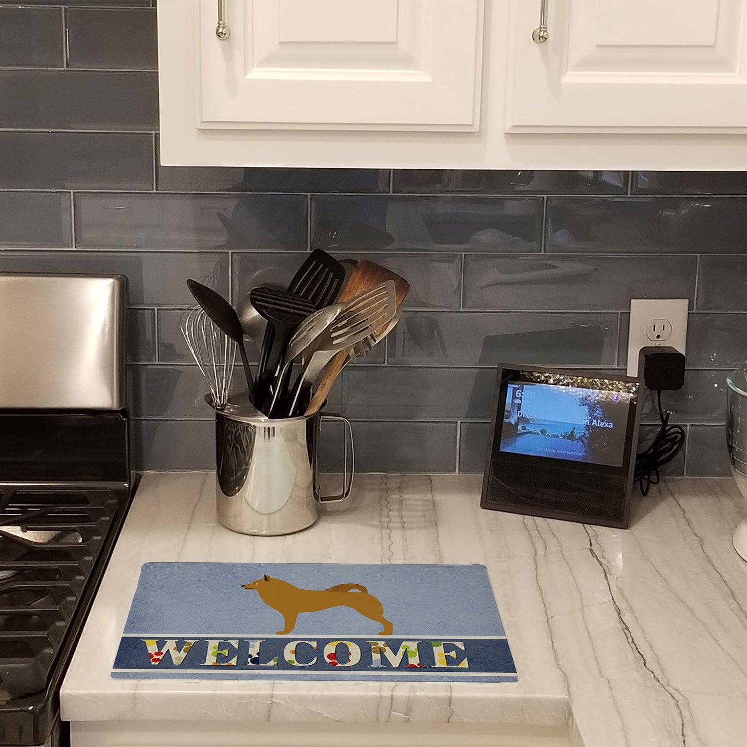 Finnish Spitz Welcome Cutting Board Tempered Glass Kitchen Cutting Surface, Heat Resistant Chopping, Non-Slip Feet, Food Prep & Serving