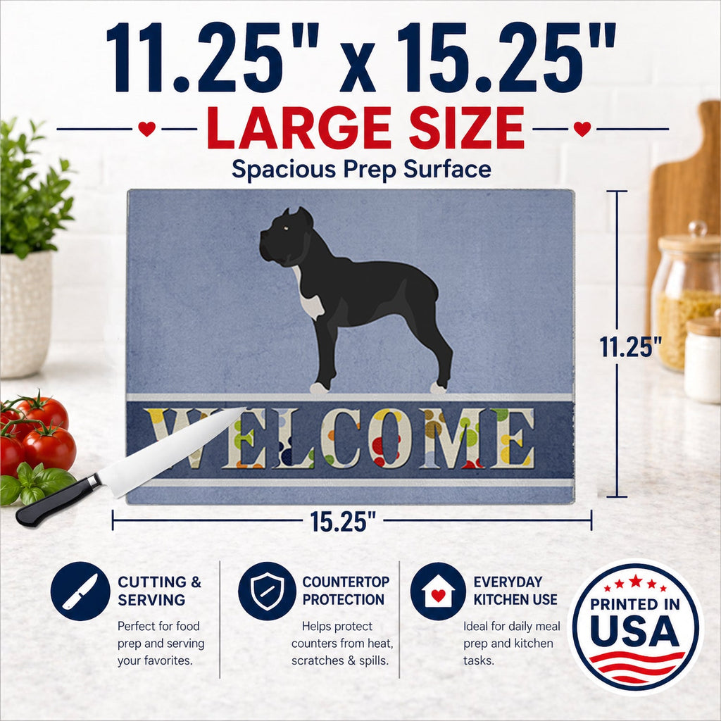 Cane Corso Welcome Cutting Board Tempered Glass Kitchen Cutting Surface, Heat Resistant Chopping, Non-Slip Feet, Food Prep & Serving