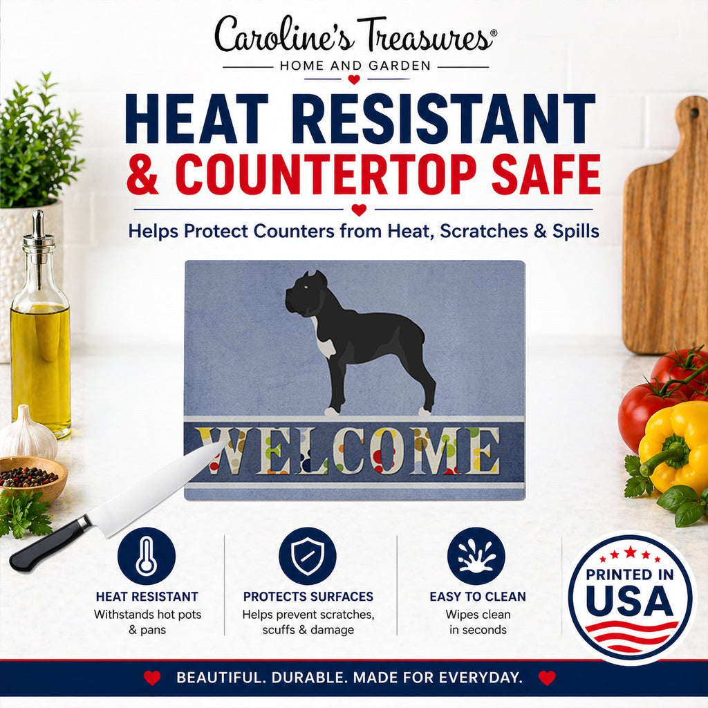 Cane Corso Welcome Cutting Board Tempered Glass Kitchen Cutting Surface, Heat Resistant Chopping, Non-Slip Feet, Food Prep & Serving