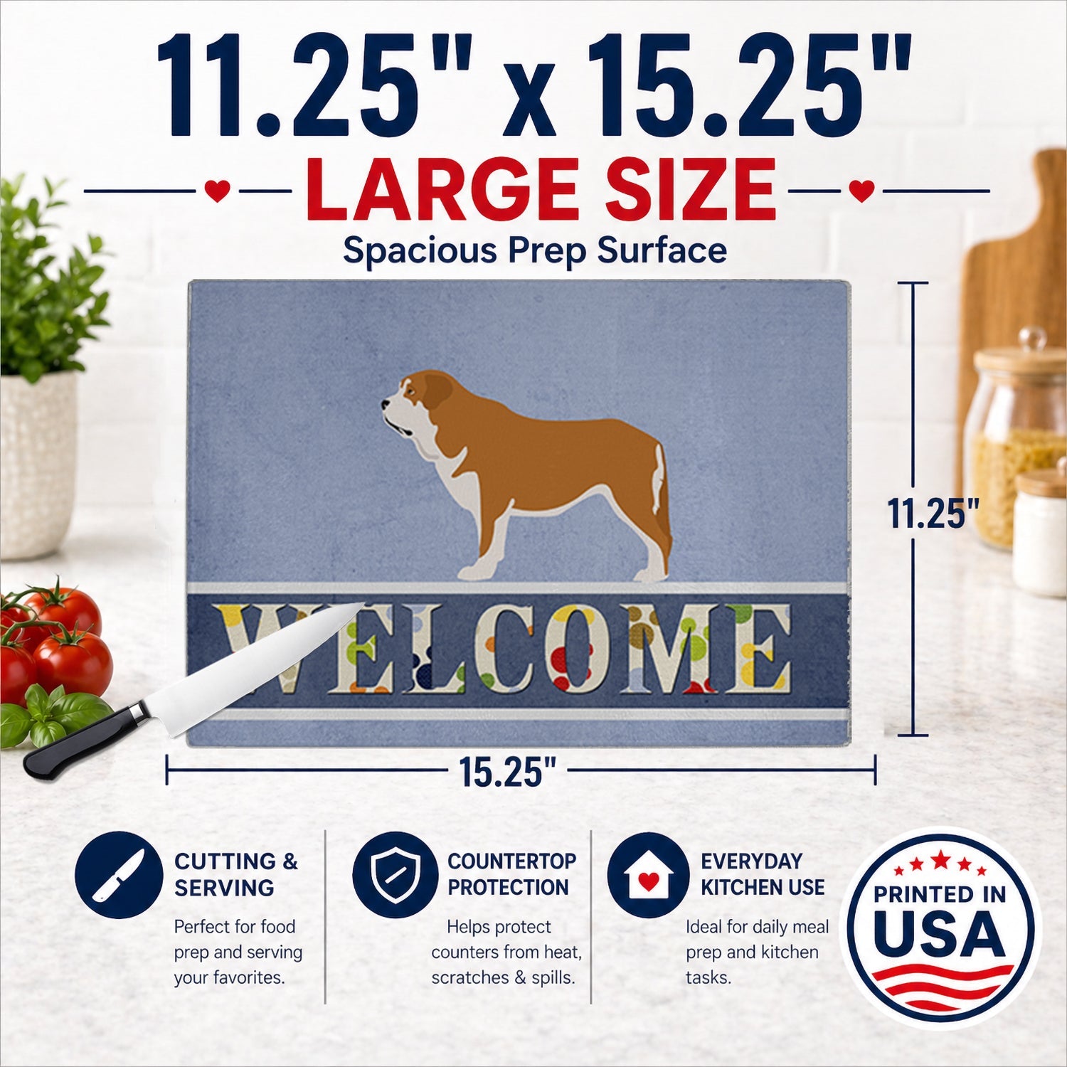 Mastin Epanol Spanish Mastiff Cutting Board Tempered Glass Kitchen Cutting Surface, Heat Resistant Chopping, Non-Slip Feet, Food Prep & Serving