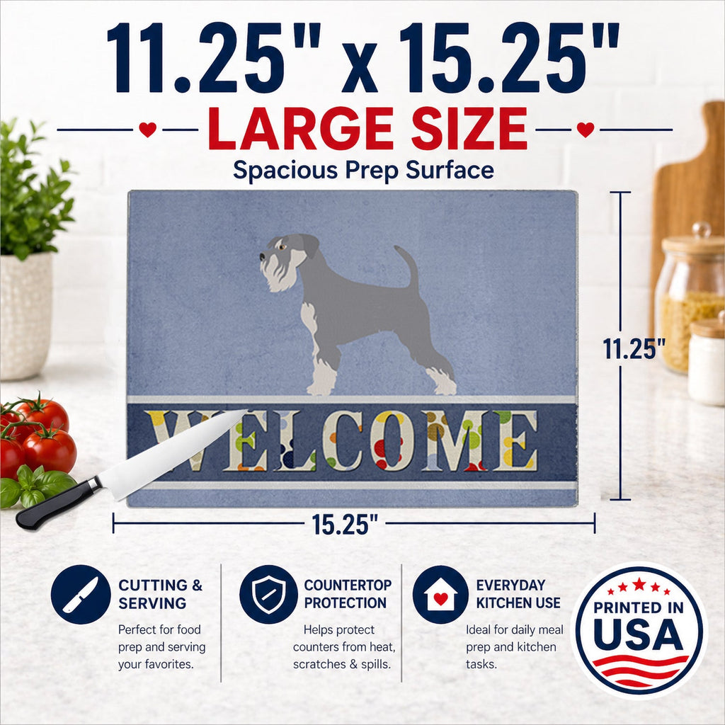 Schnauzer Welcome Cutting Board Tempered Glass Kitchen Cutting Surface, Heat Resistant Chopping, Non-Slip Feet, Food Prep & Serving