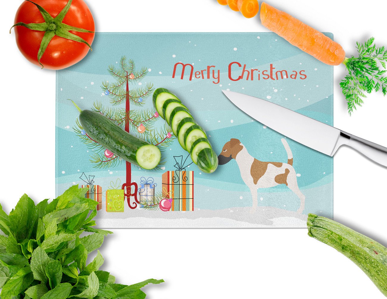 Smooth Fox Terrier Christmas Cutting Board Tempered Glass Kitchen Cutting Surface, Heat Resistant Chopping, Non-Slip Feet, Food Prep & Serving