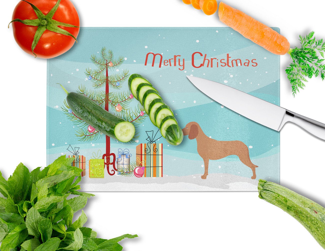 Bavarian Mountian Hound Christmas Cutting Board Tempered Glass Kitchen Cutting Surface, Heat Resistant Chopping, Non-Slip Feet, Food Prep & Serving