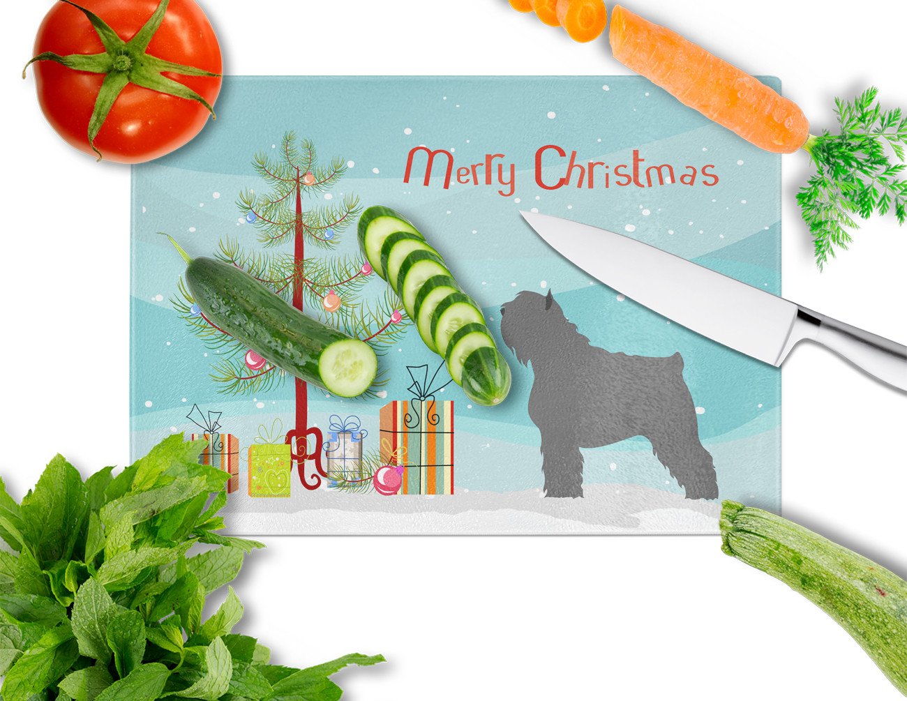 Bouvier des Flandres Christmas Cutting Board Tempered Glass Kitchen Cutting Surface, Heat Resistant Chopping, Non-Slip Feet, Food Prep & Serving