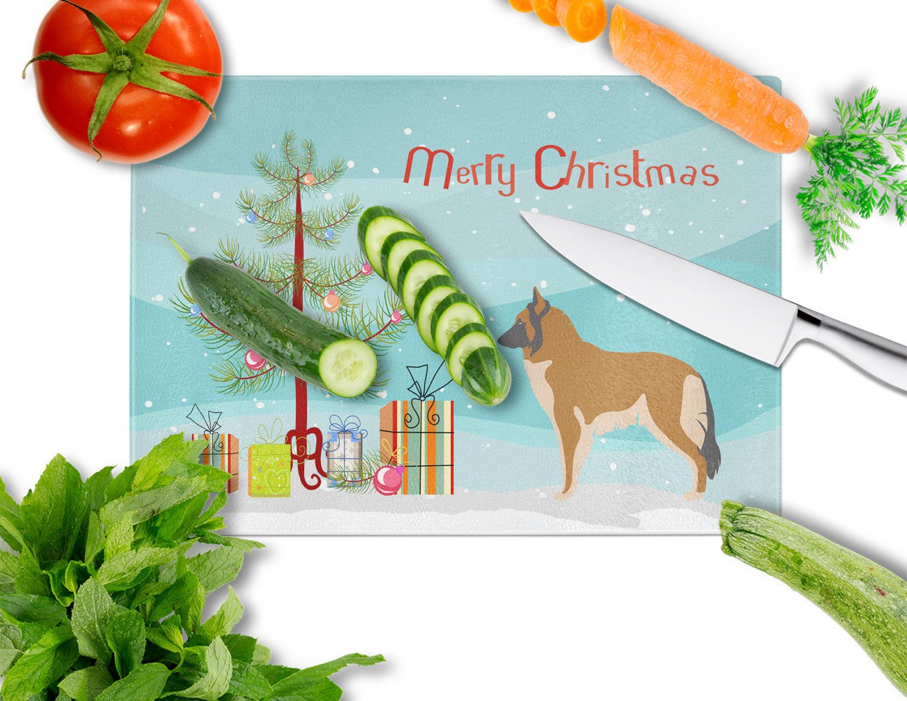 Belgian Tervuren Christmas Cutting Board Tempered Glass Kitchen Cutting Surface, Heat Resistant Chopping, Non-Slip Feet, Food Prep & Serving