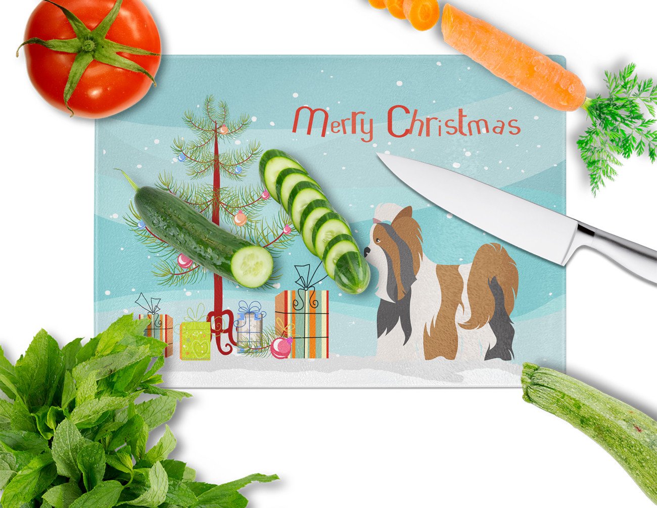Biewer Terrier Christmas Cutting Board Tempered Glass Kitchen Cutting Surface, Heat Resistant Chopping, Non-Slip Feet, Food Prep & Serving
