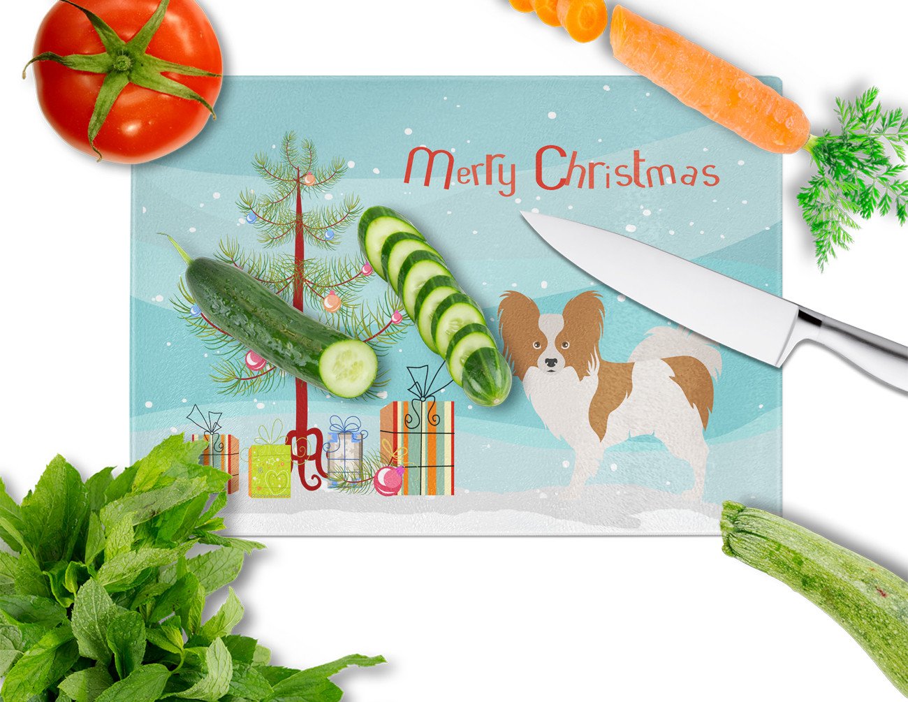 Papillon Christmas Cutting Board Tempered Glass Kitchen Cutting Surface, Heat Resistant Chopping, Non-Slip Feet, Food Prep & Serving