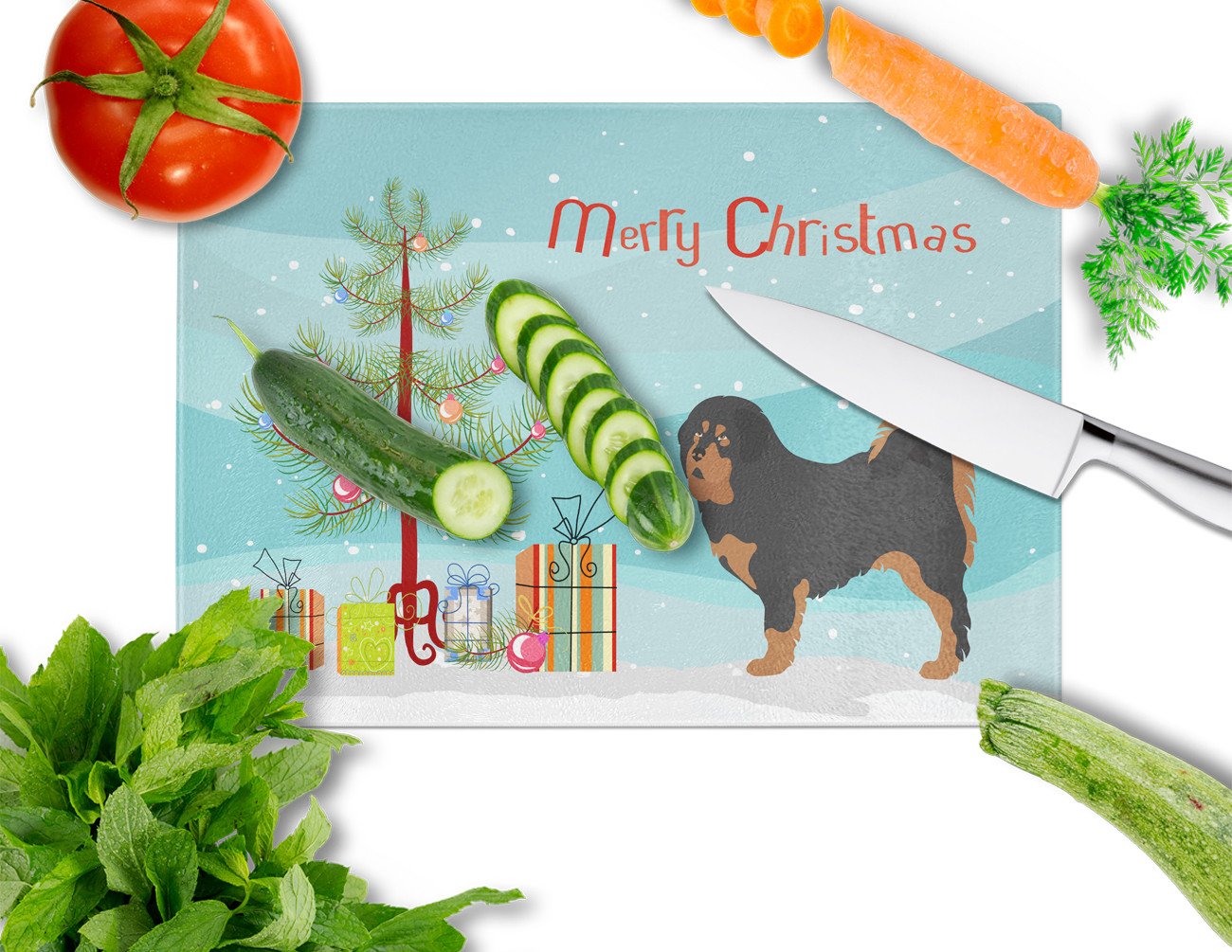 Tibetan Mastiff Christmas Cutting Board Tempered Glass Kitchen Cutting Surface, Heat Resistant Chopping, Non-Slip Feet, Food Prep & Serving