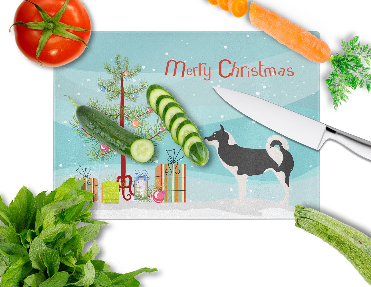 Greenland Dog Christmas Cutting Board Tempered Glass Kitchen Cutting Surface, Heat Resistant Chopping, Non-Slip Feet, Food Prep & Serving