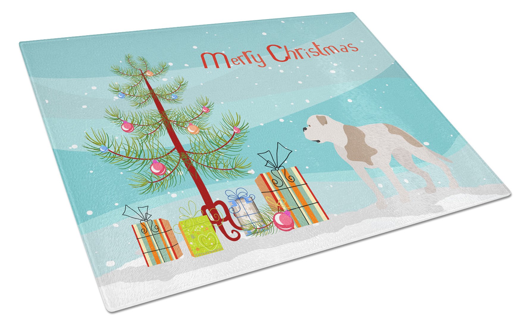 American Bulldog Christmas Cutting Board Tempered Glass Kitchen Cutting Surface, Heat Resistant Chopping, Non-Slip Feet, Food Prep & Serving