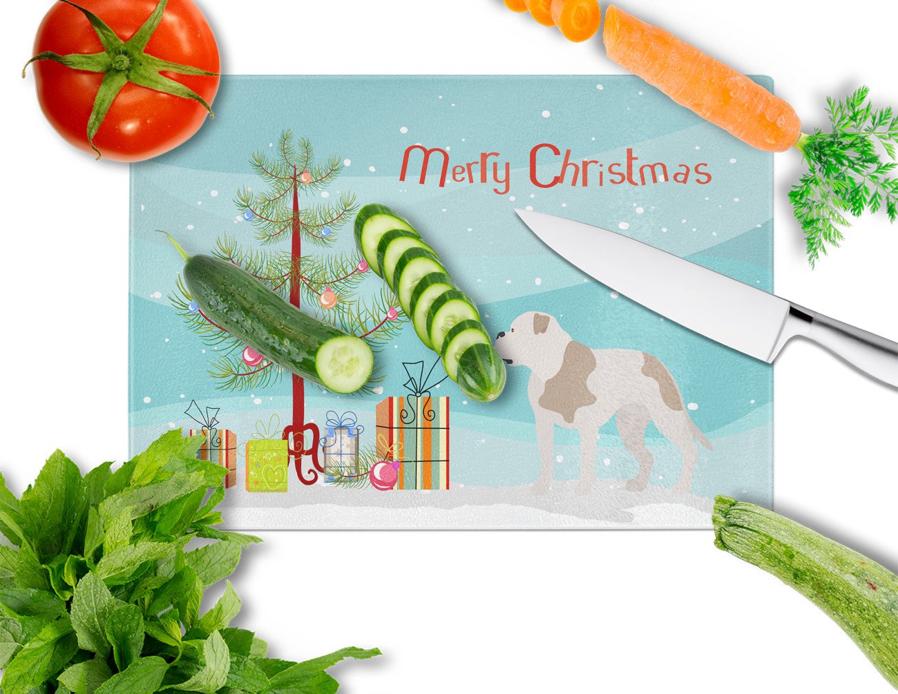 American Bulldog Christmas Cutting Board Tempered Glass Kitchen Cutting Surface, Heat Resistant Chopping, Non-Slip Feet, Food Prep & Serving
