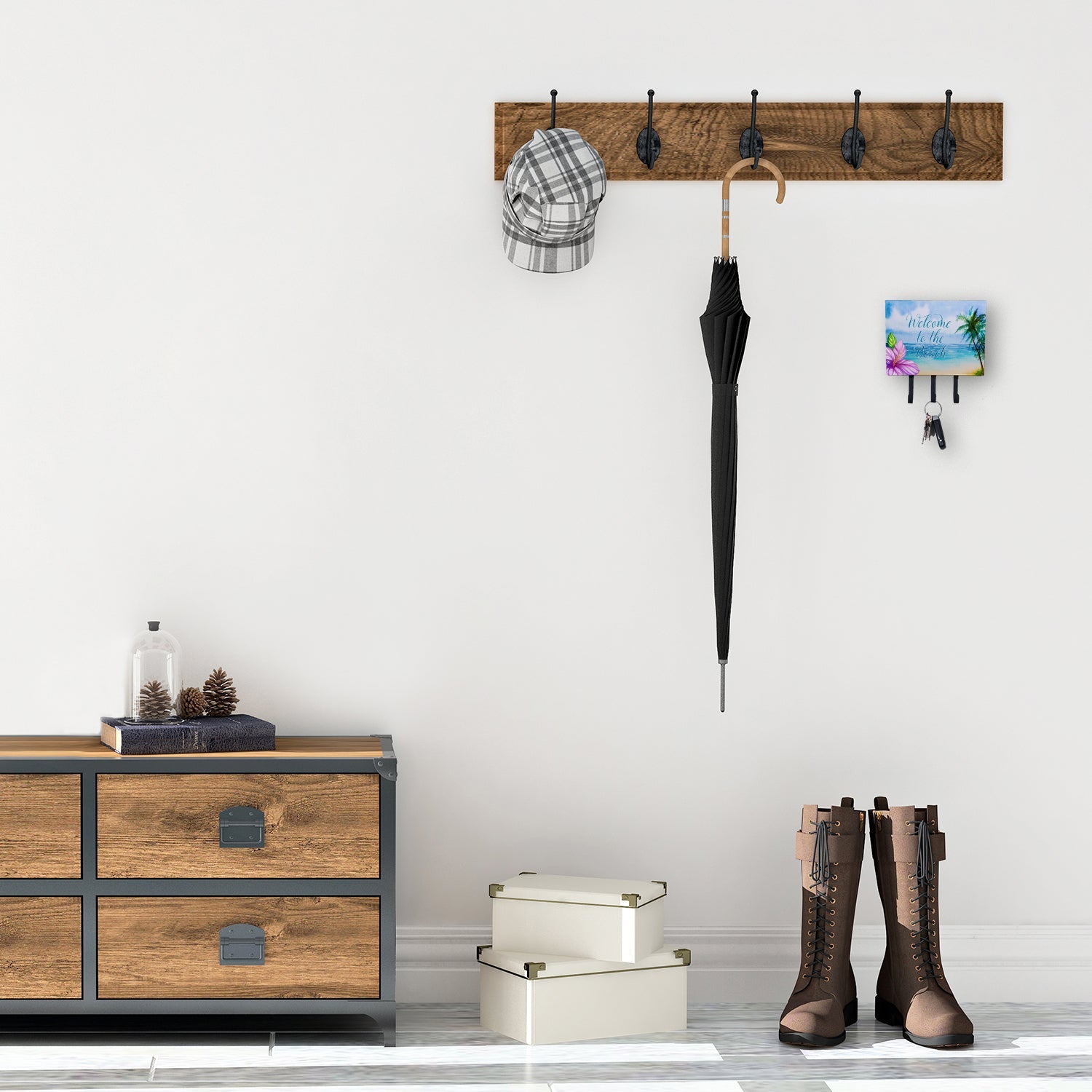 Beach Scene Welcome Leash or Key Holder Wall Hooks, Coat Rack Wall Mount, for Hanging Keys, Towels, Aprons, Leashes