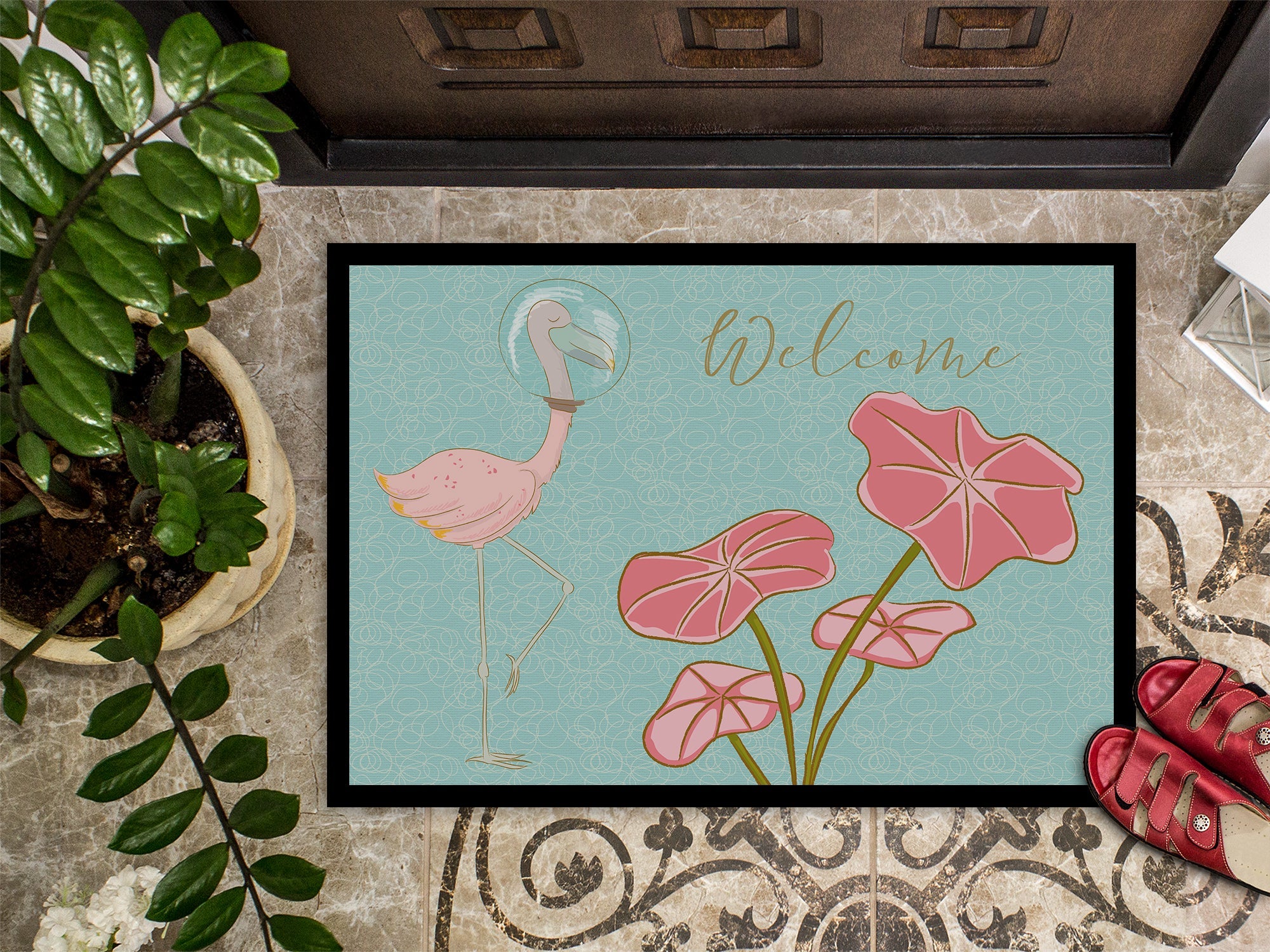Flamingo Welcome Doormat Indoor Outdoor 24H X 36W Front Door Mat Rugs for Entryway, Non Slip Washable Low Pile,