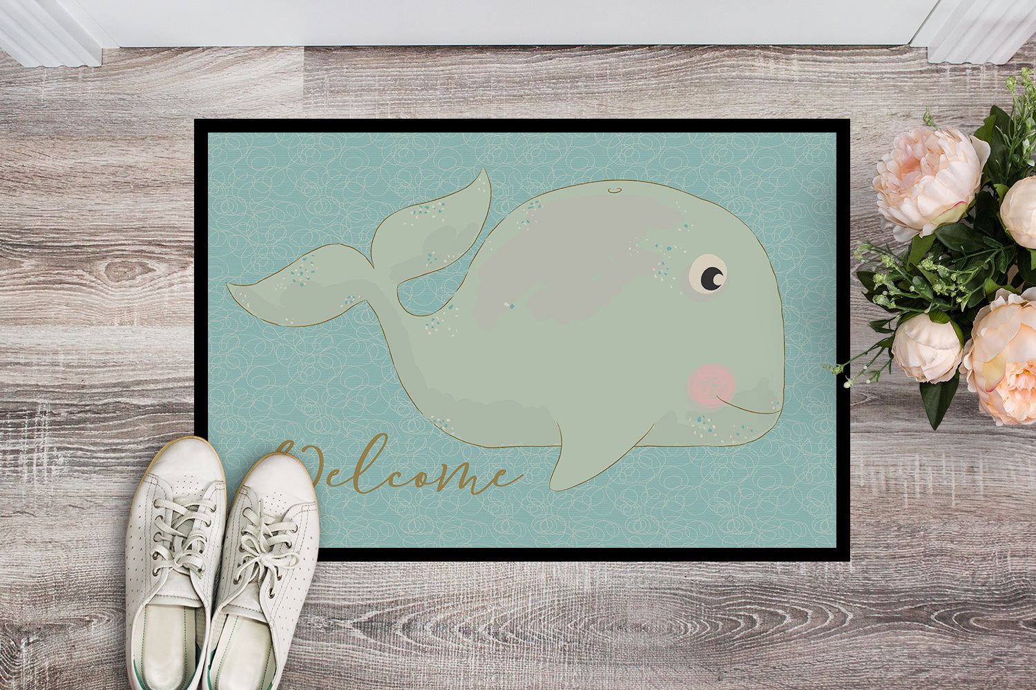 Whale Welcome Doormat Indoor Outdoor 24H X 36W Front Door Mat Rugs for Entryway, Non Slip Washable Low Pile,
