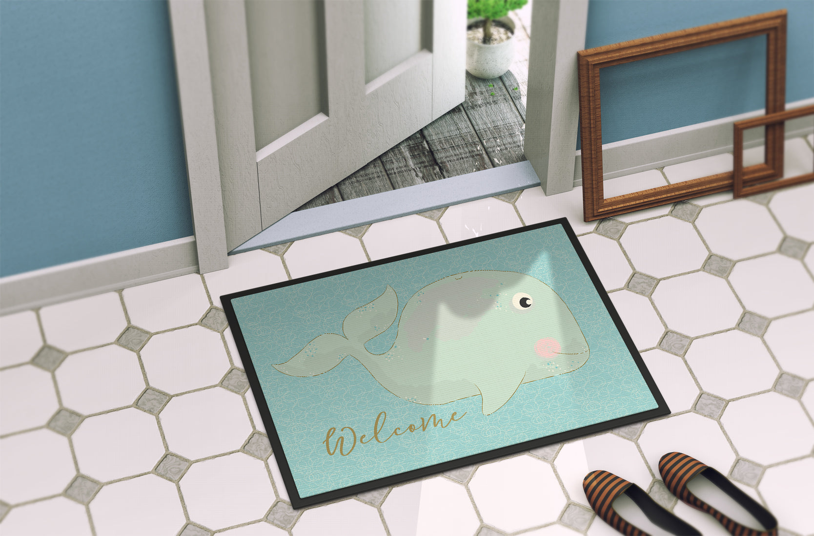 Whale Welcome Doormat Indoor Outdoor 24H X 36W Front Door Mat Rugs for Entryway, Non Slip Washable Low Pile,