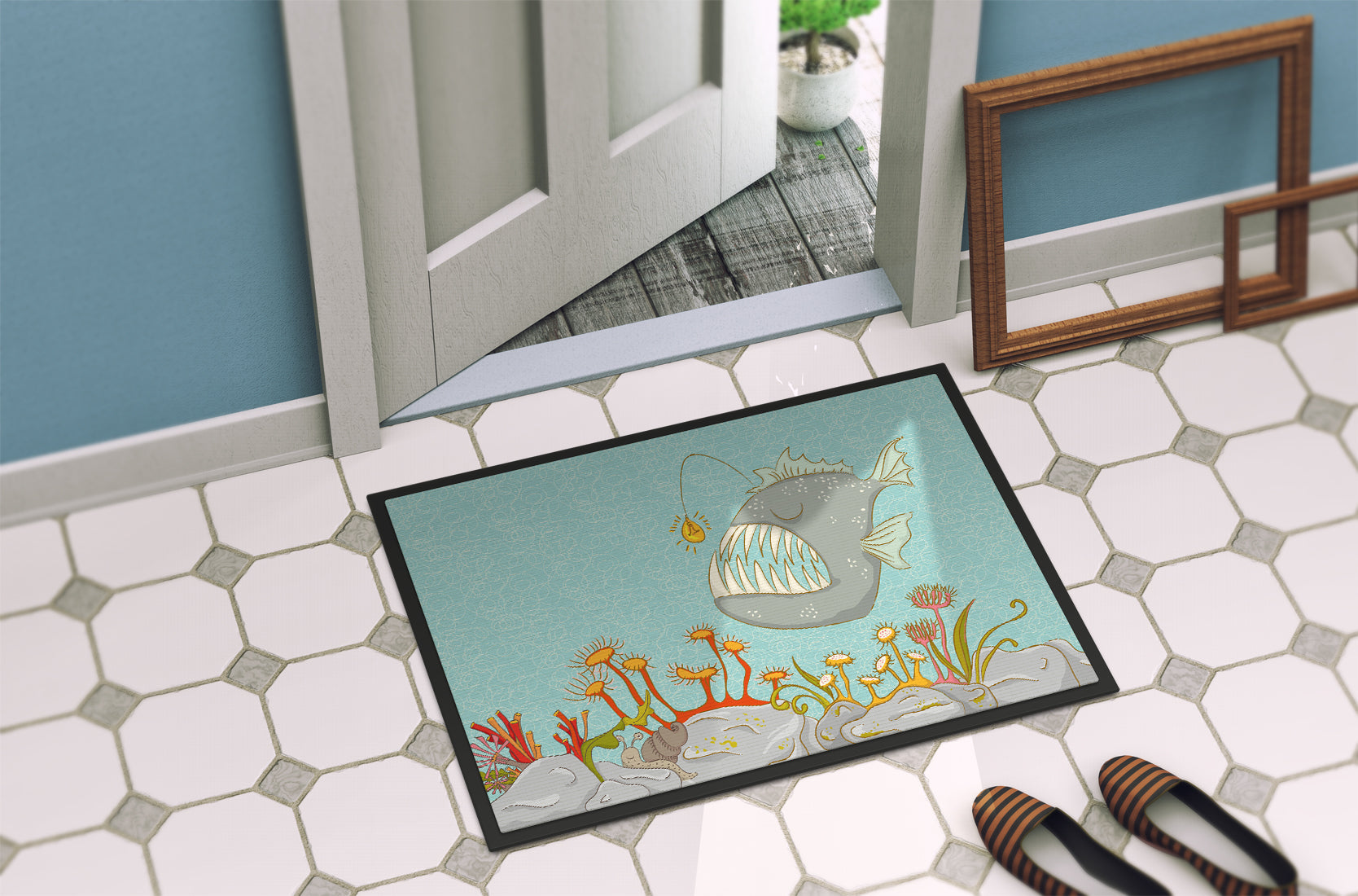 Frog Fish Scene Doormat Indoor Outdoor 18H X 27W Front Door Mat Rugs for Entryway, Non Slip Washable