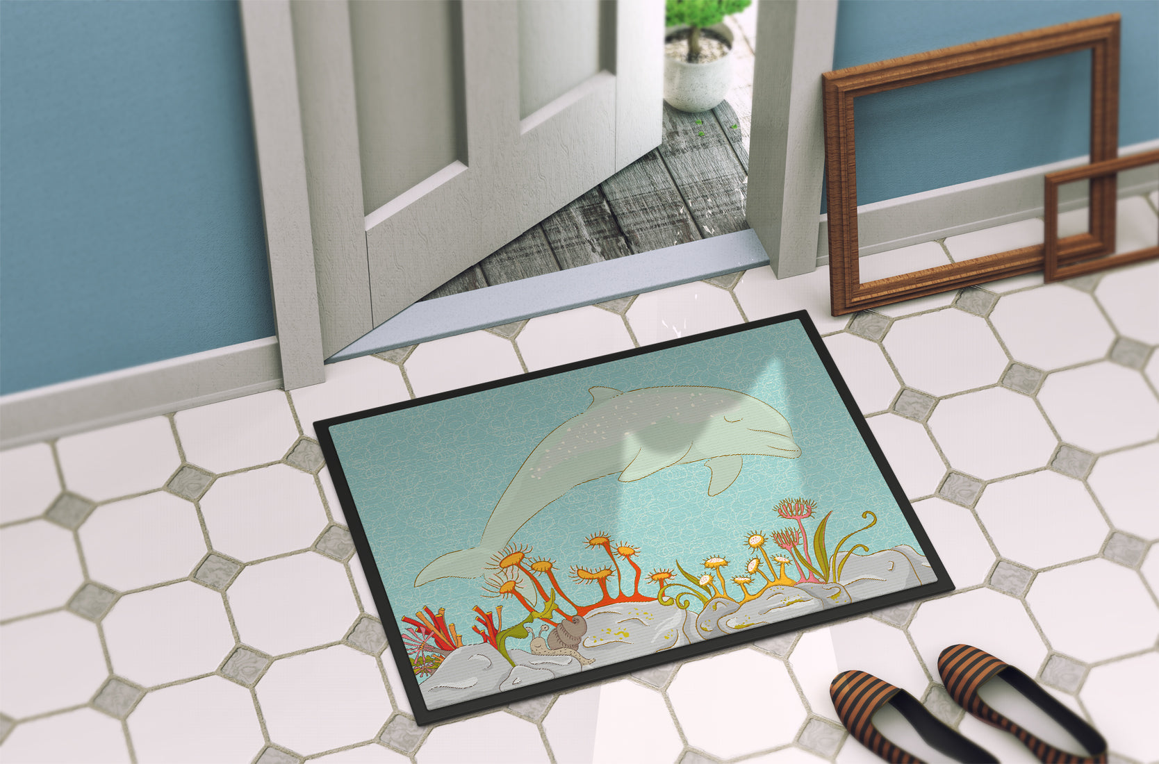 Dolphin Underwater Scene Doormat Indoor Outdoor 24H X 36W Front Door Mat Rugs for Entryway, Non Slip Washable Low Pile,