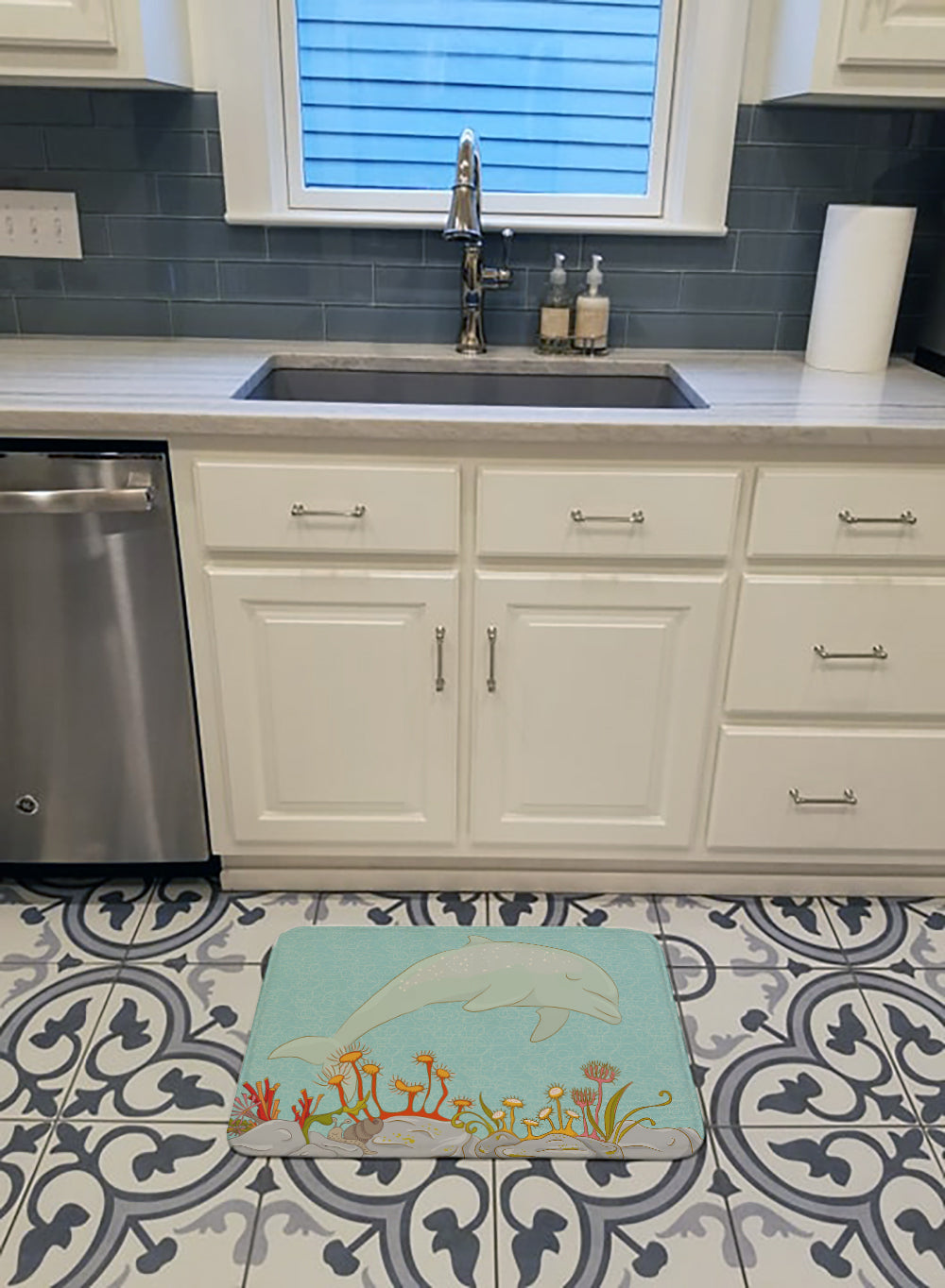 Dolphin Underwater Scene Memory Foam Kitchen Mat Machine Washable Anti-Fatigue Cushion Comfort Bath or Kitchen Rug