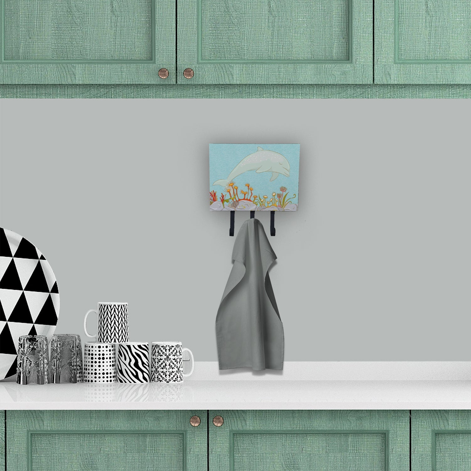 Dolphin Underwater Scene Leash or Key Holder Wall Hooks, Coat Rack Wall Mount, for Hanging Keys, Towels, Aprons, Leashes