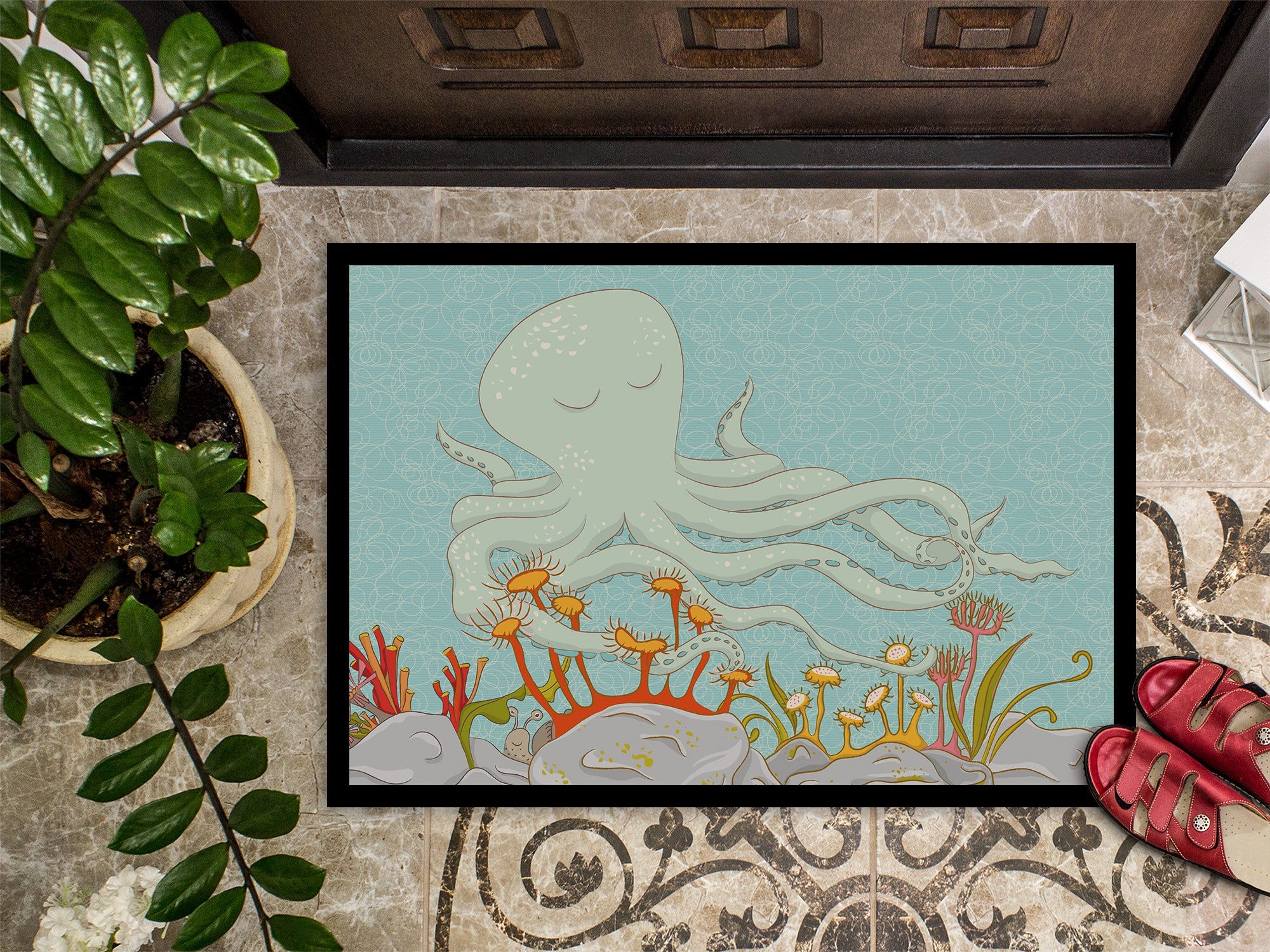 Octopus Underwater Scene Doormat Indoor Outdoor 24H X 36W Front Door Mat Rugs for Entryway, Non Slip Washable Low Pile,
