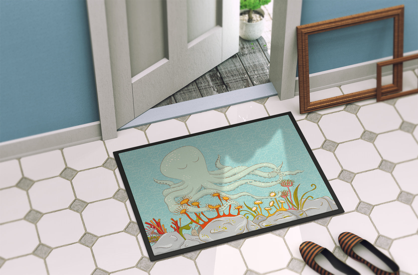 Octopus Underwater Scene Doormat Indoor Outdoor 24H X 36W Front Door Mat Rugs for Entryway, Non Slip Washable Low Pile,