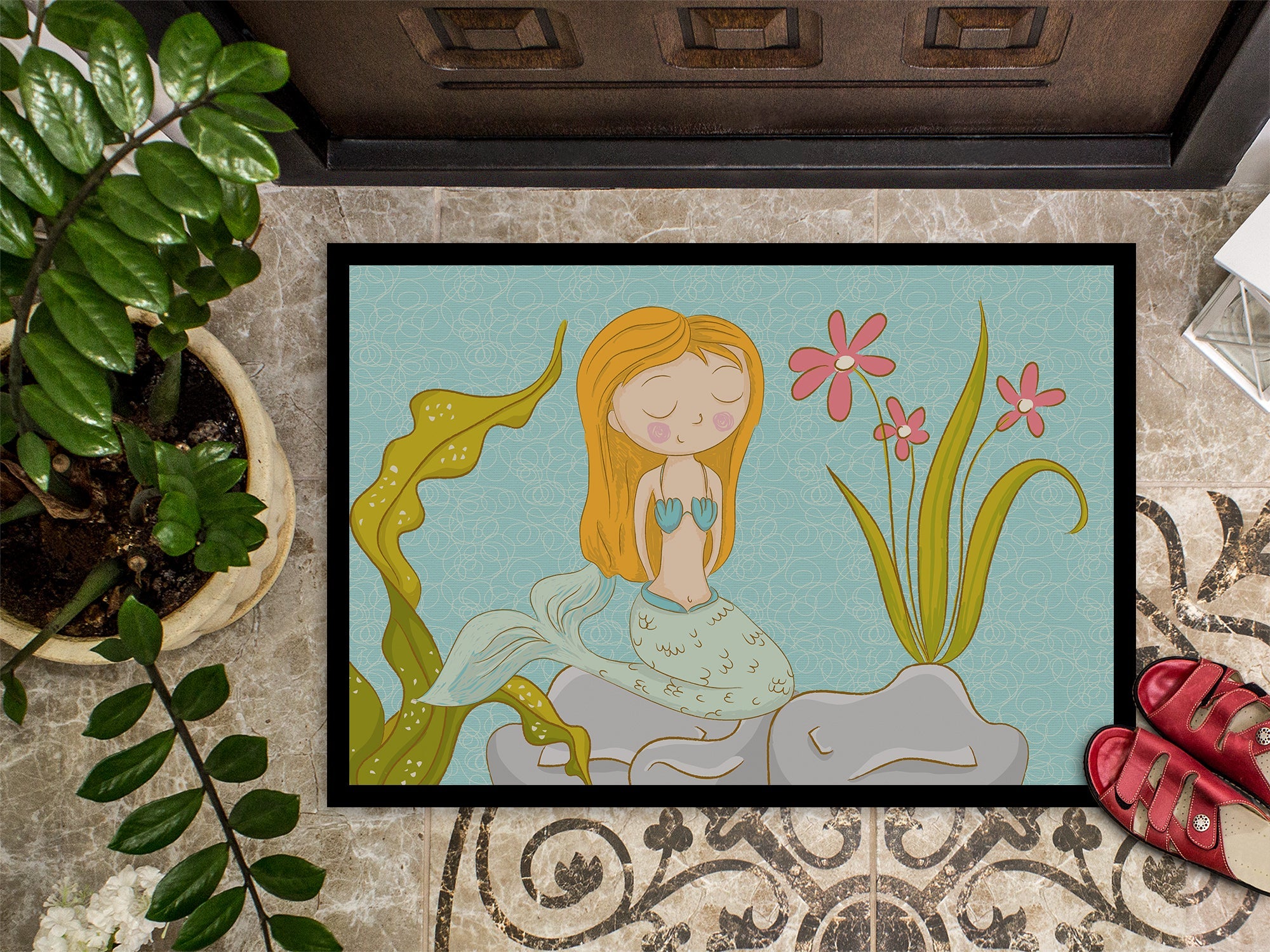 Mermaid Underwater Scene Doormat Indoor Outdoor 24H X 36W Front Door Mat Rugs for Entryway, Non Slip Washable Low Pile,